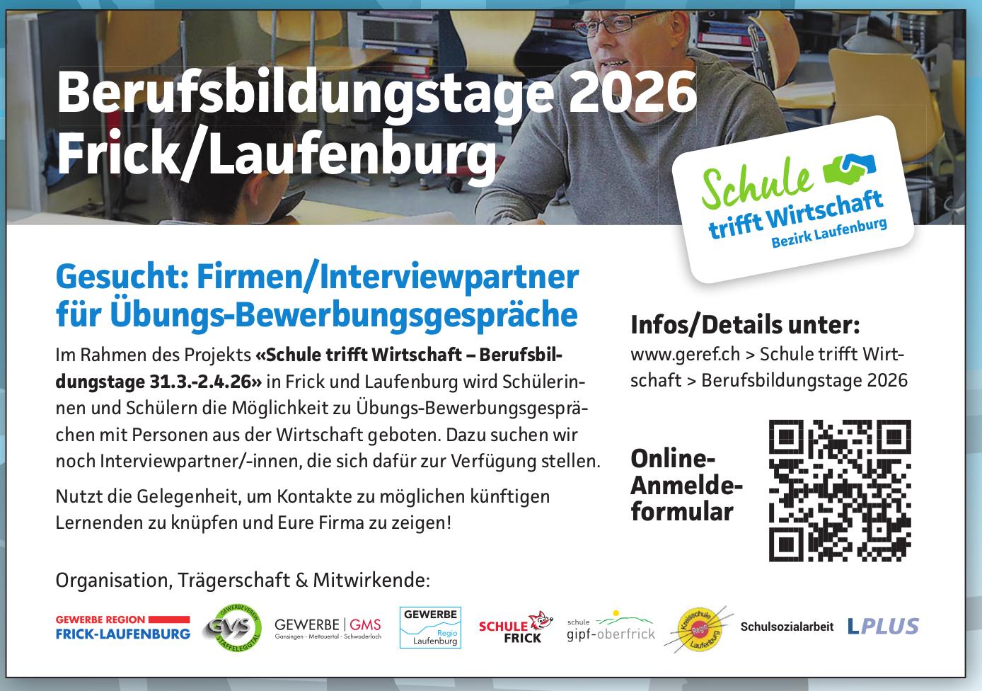 Berufsbildungstage 2026 Frick/Laufenburg, Gesucht: Firmen/Interviewpartner für Übungs-Bewerbungsgespräche