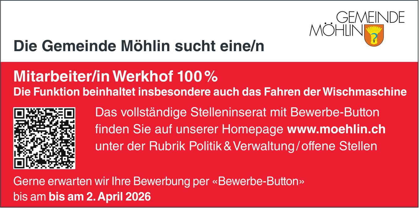 Mitarbeiter/in Werkhof 100 %, Gemeinde Möhlin, gesucht