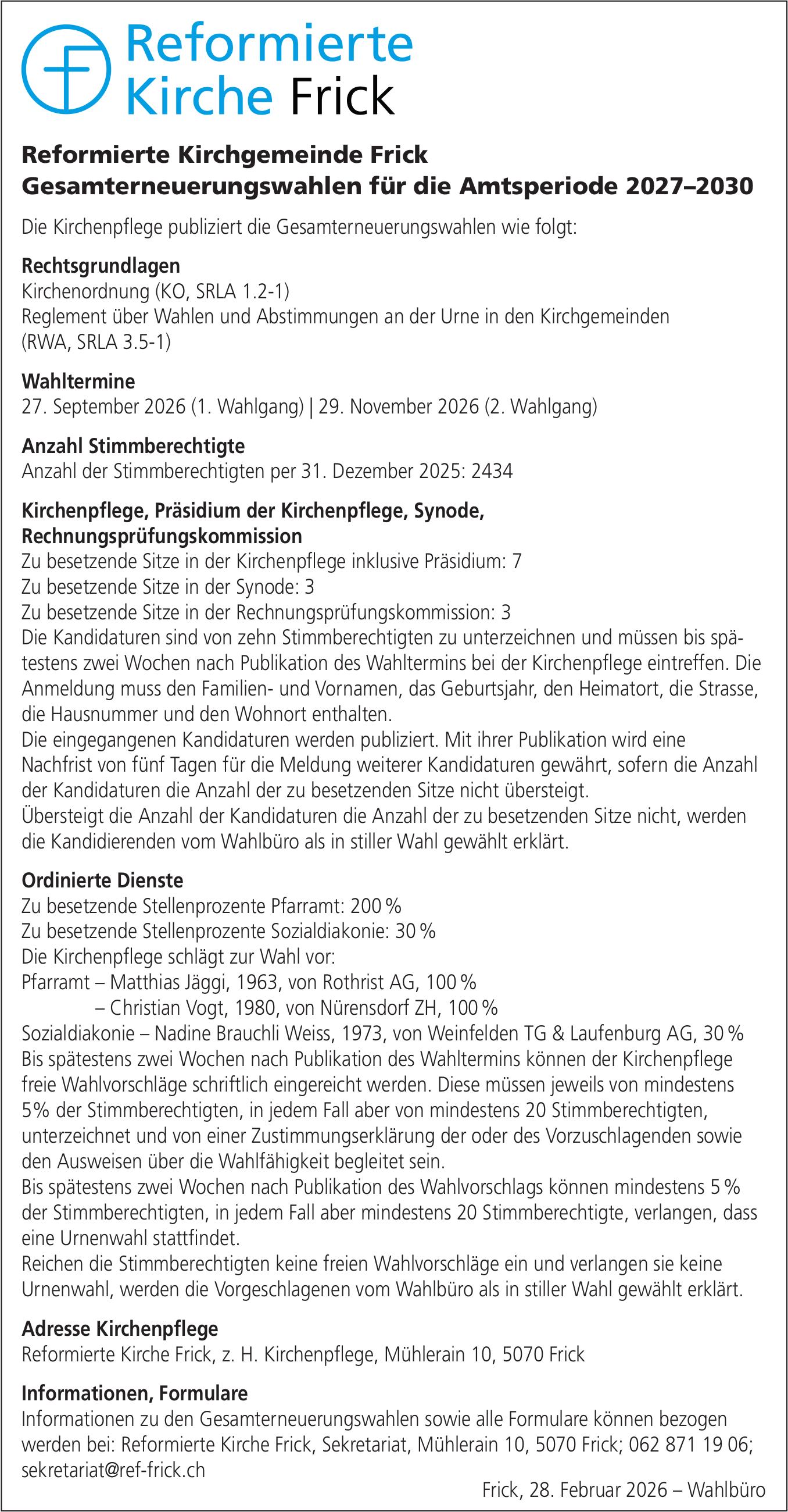 Reformierte Kirchgemeinde Frick, Gesamterneuerungswahlen für die Amtsperiode 2027–2030