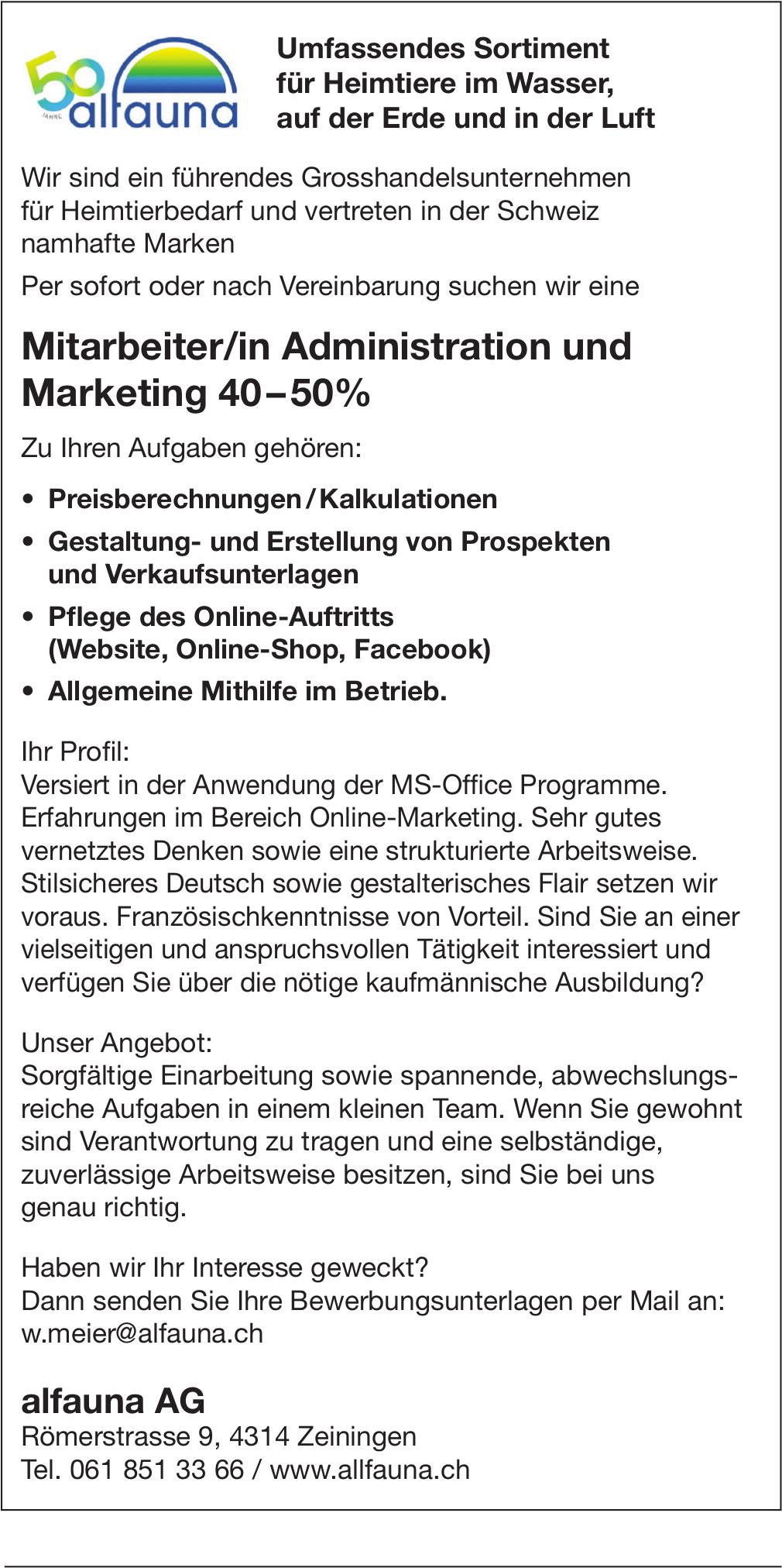 Mitarbeiter/in Administration und Marketing 40–50%, alfauna AG, Zeiningen, Gesucht