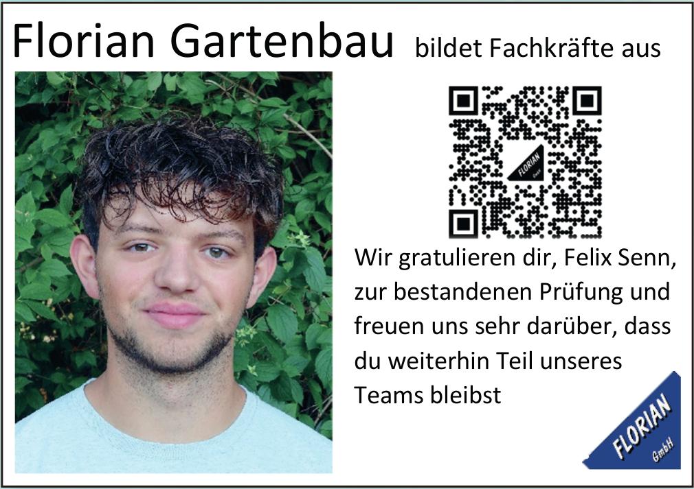 FLORIAN GmbH, Wir gratulieren dir, Felix Senn,  zur bestandenen Prüfung und freuen uns sehr darüber,  dass du weiterhin Teil unseres Teams bleibst