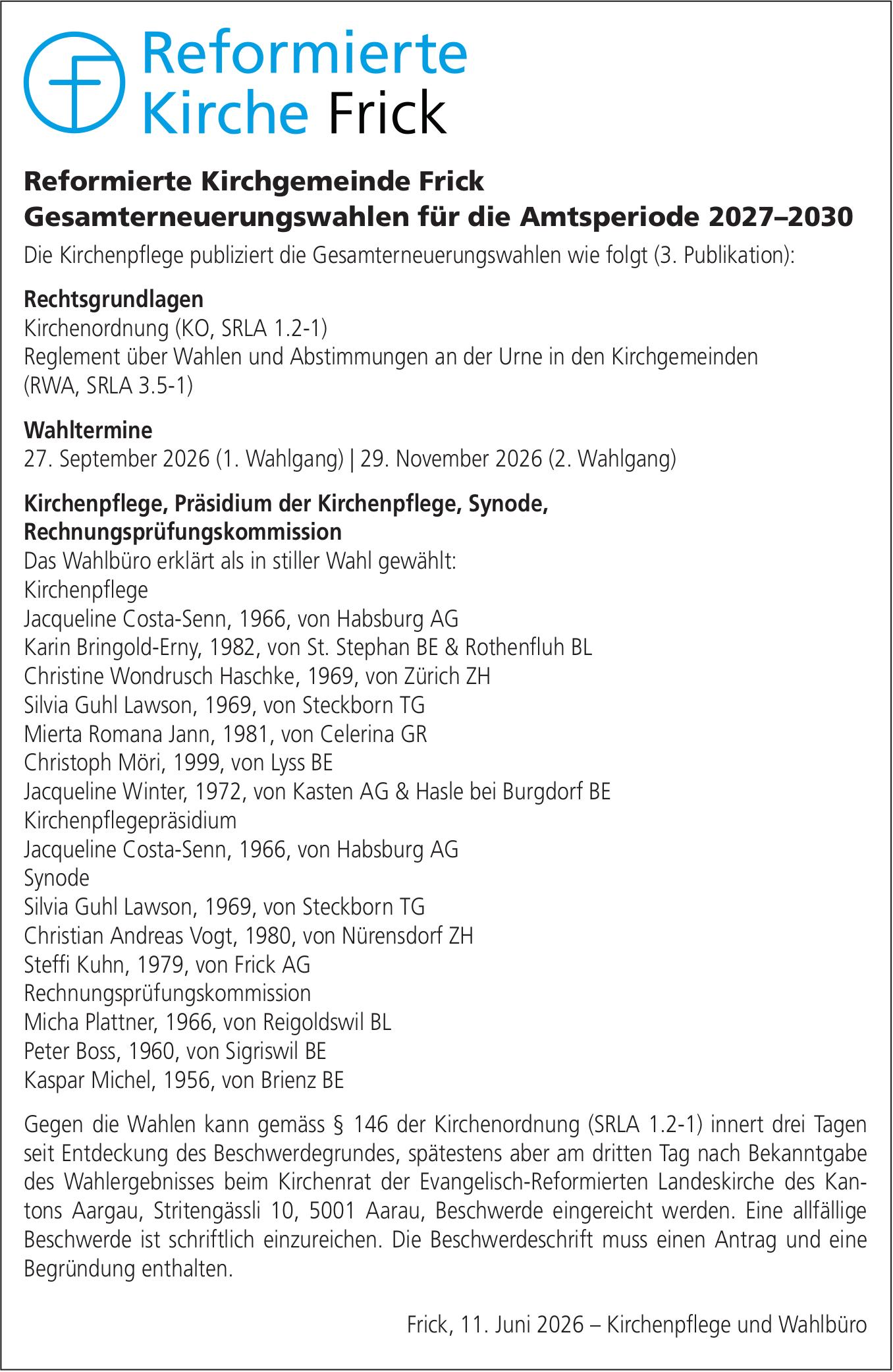 Reformierte Kirchgemeinde Frick, Gesamterneuerungswahlen für die Amtsperiode 2027–2030