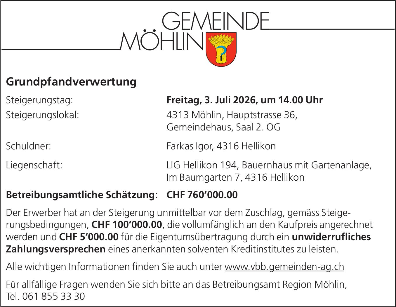 Gemeinde Möhlin, Grundpfandverwertung