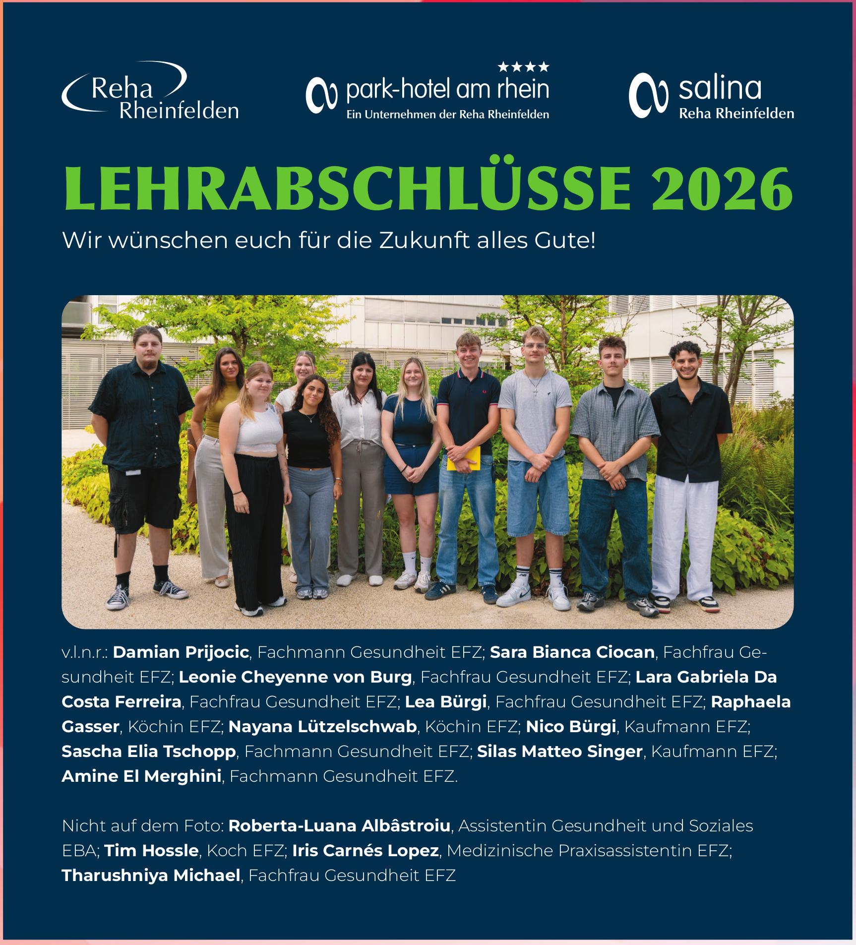 Reha Rheinfelden, LEHRABSCHLÜSSE 2026