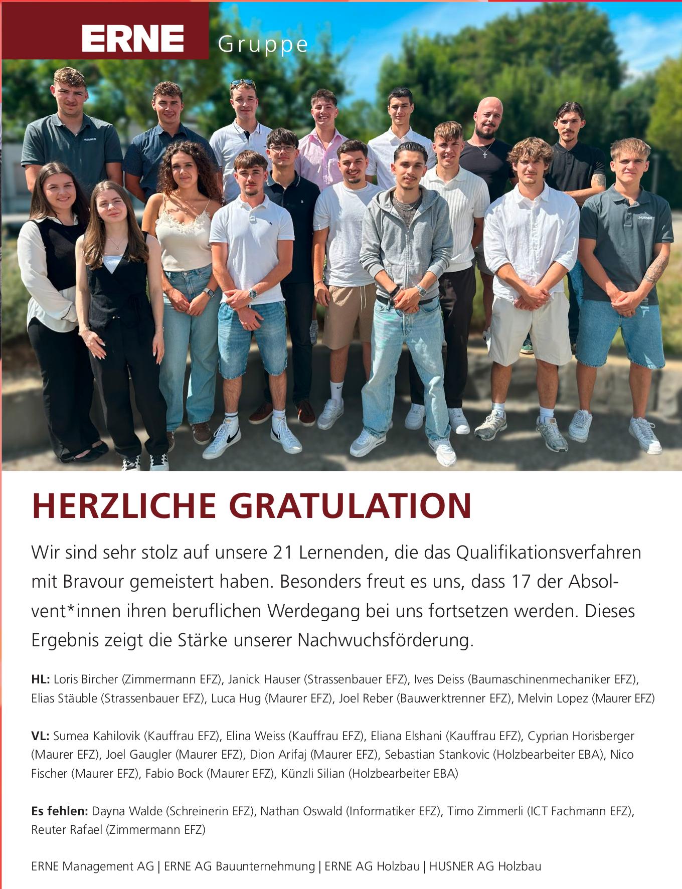 ERNE Management AG, HERZLICHE GRATULATION