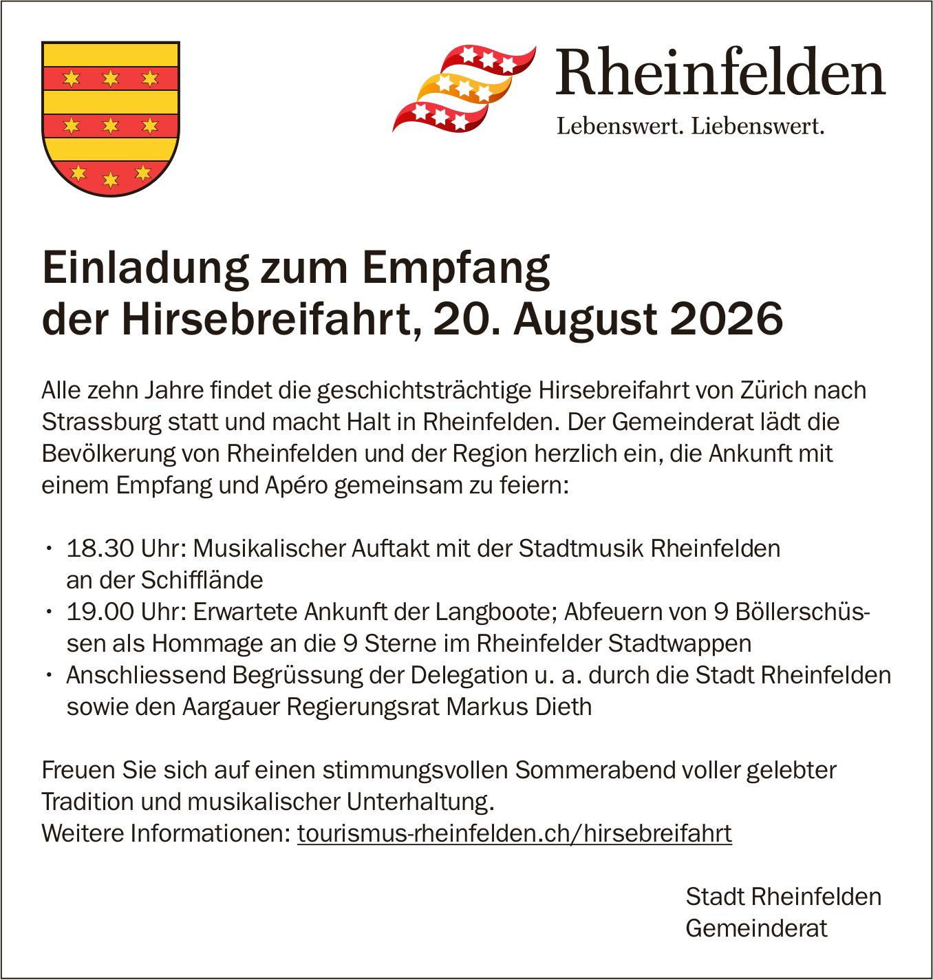 Einladung zum Empfang der Hirsebreifahrt, 20. August