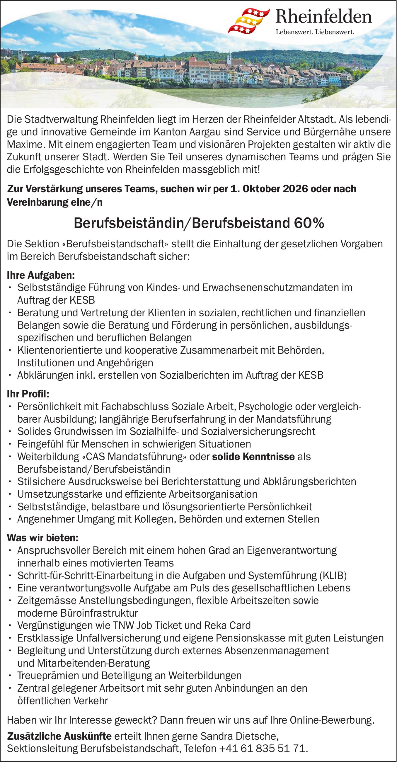 Berufsbeiständin/Berufsbeistand 60%, Stadtverwaltung Rheinfelden, Gesucht