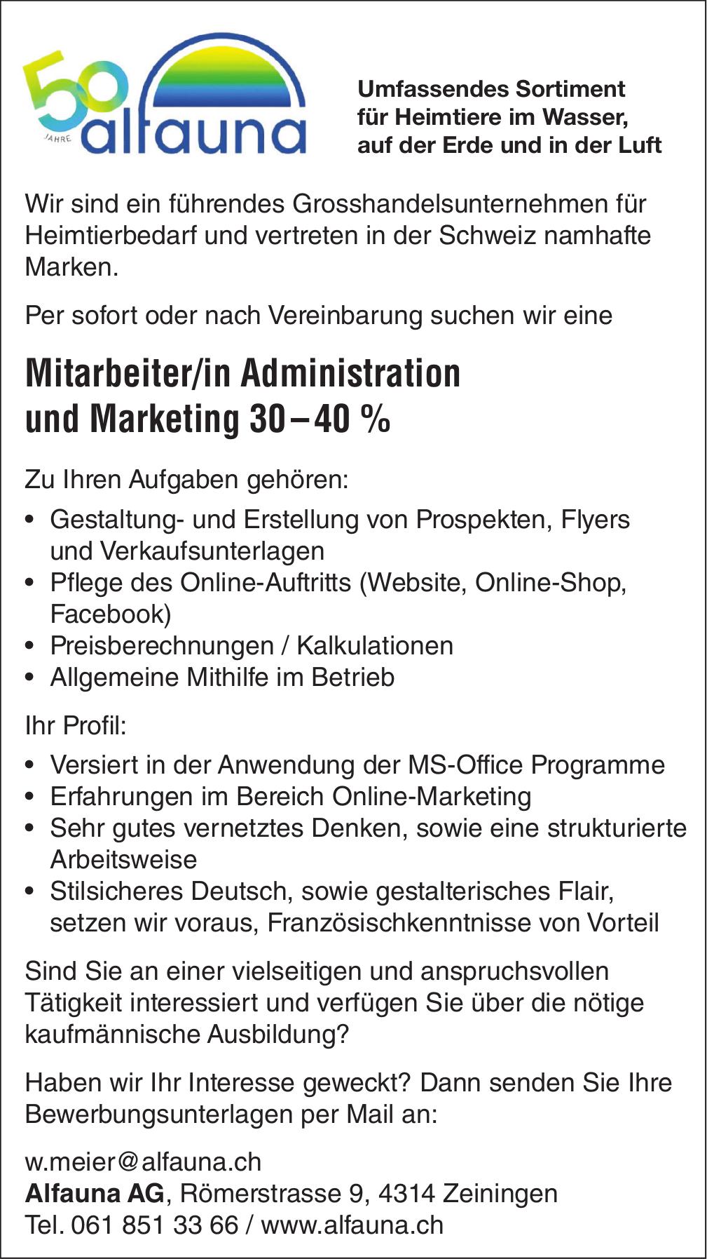 Mitarbeiter/in Administration und Marketing 30–40 %, Alfauna AG, Zeiningen, Gesucht