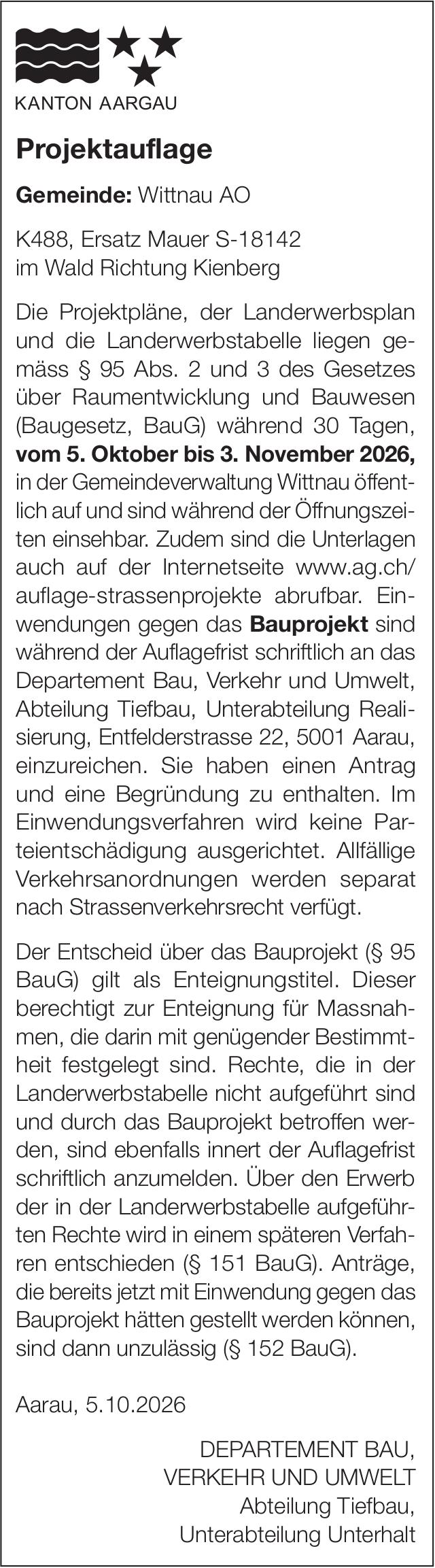 KANTON AARGAU, Projektauflage