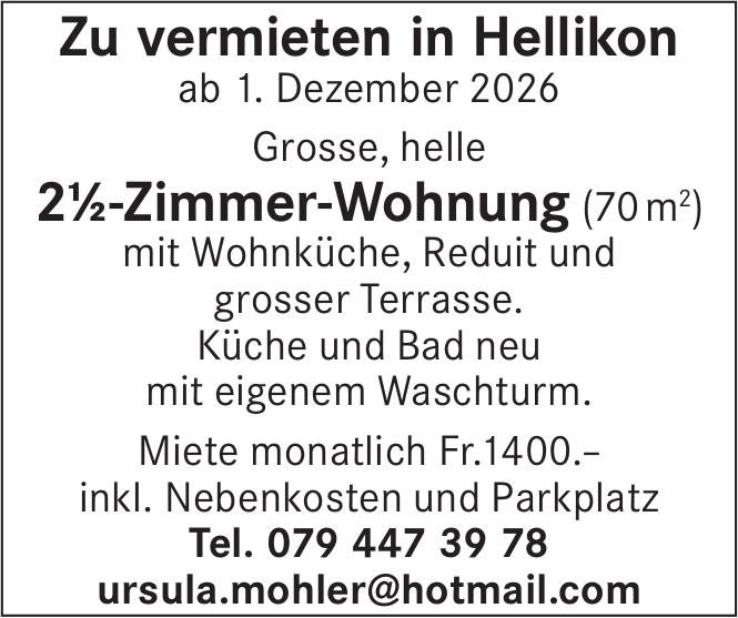 2½-Zimmer-Wohnung, Hellikon, zu vermieten