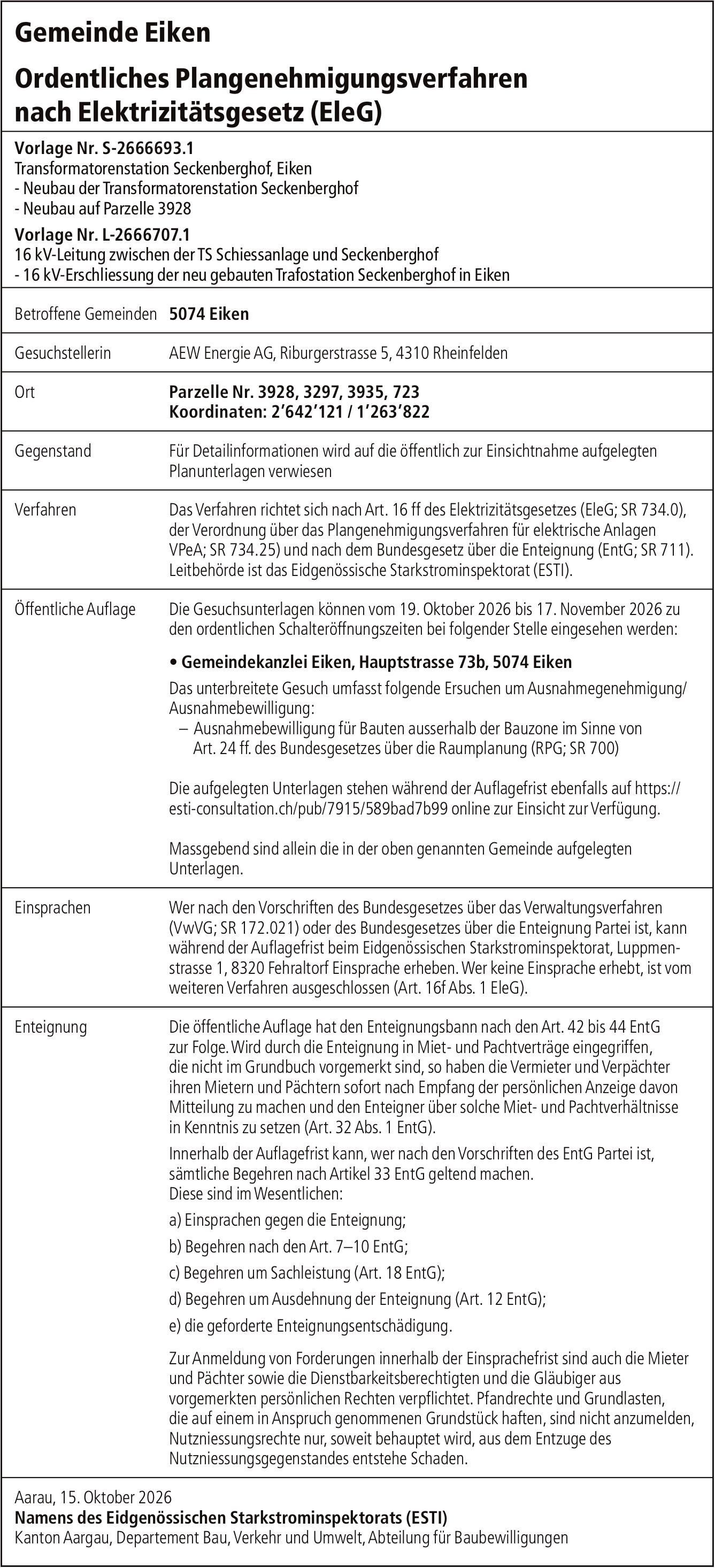 Gemeinde Eiken, Ordentliches Plangenehmigungsverfahren nach Elektrizitätsgesetz (EleG)