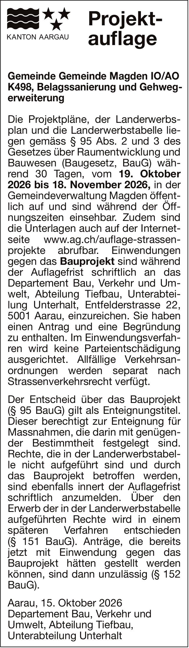 KANTON AARGAU, Aarau - Projektauflage