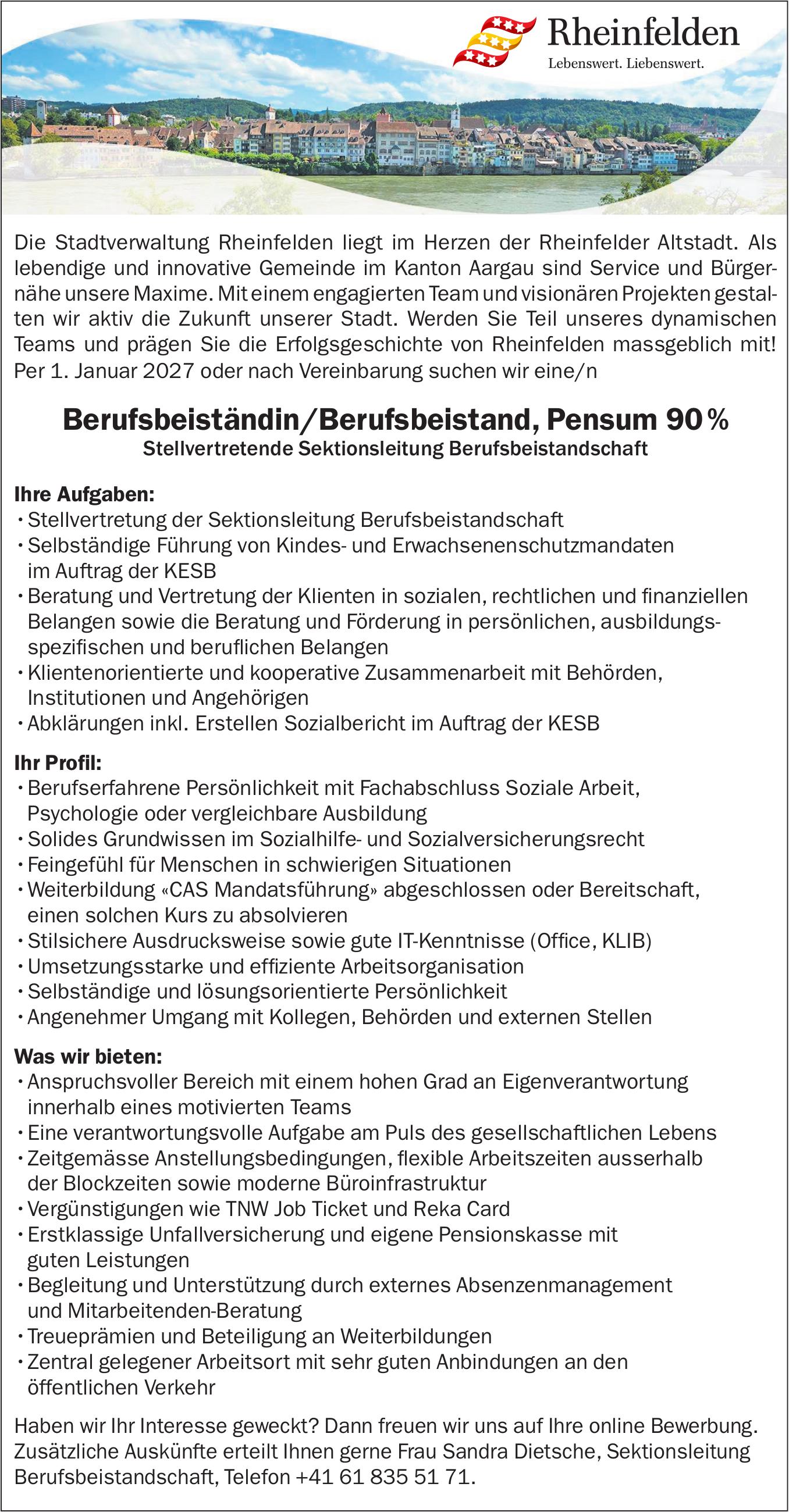 Berufsbeiständin/Berufsbeistand, Pensum 90 %, Rheinfelden, Gesucht