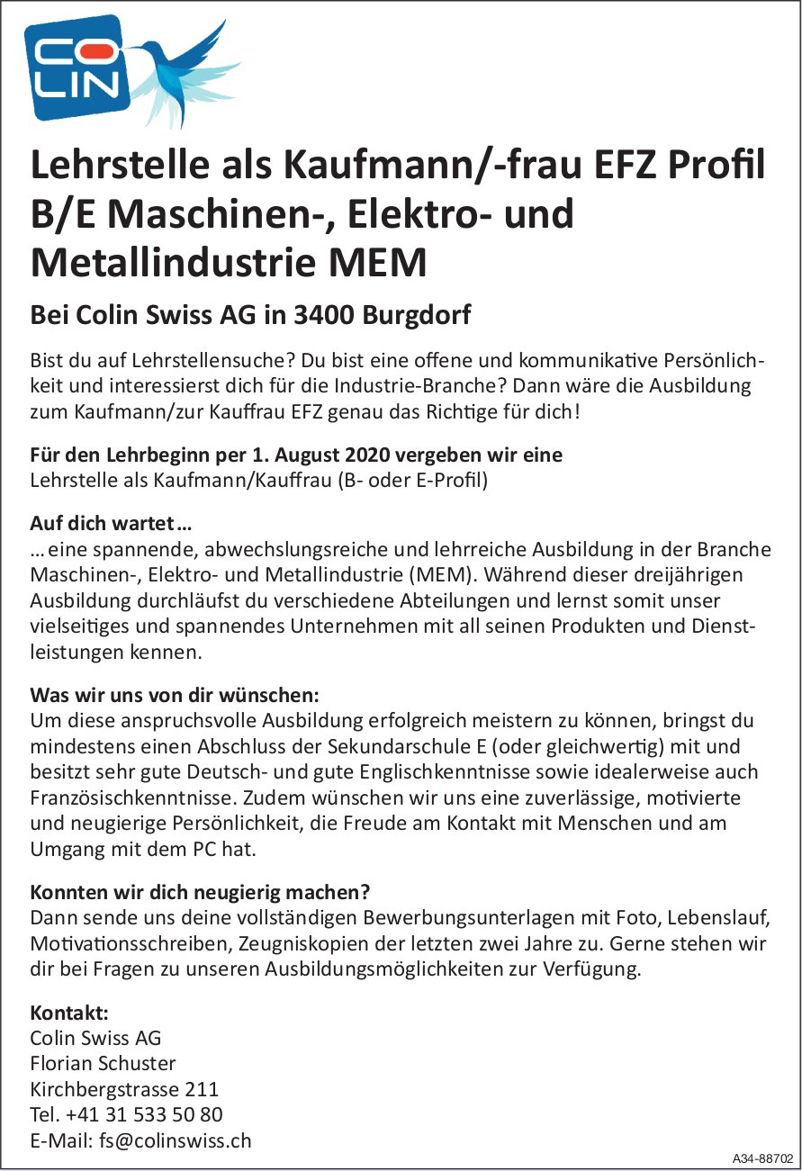 Lehrstelle Kaufmann Frau Efz Profil B E Maschinen Elektro Metallindustrie Mem Colin Swiss Ag