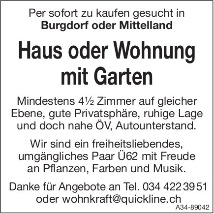 Haus oder Wohnung mit Garten, Burgdorf oder Mittelland, zu kaufen gesucht