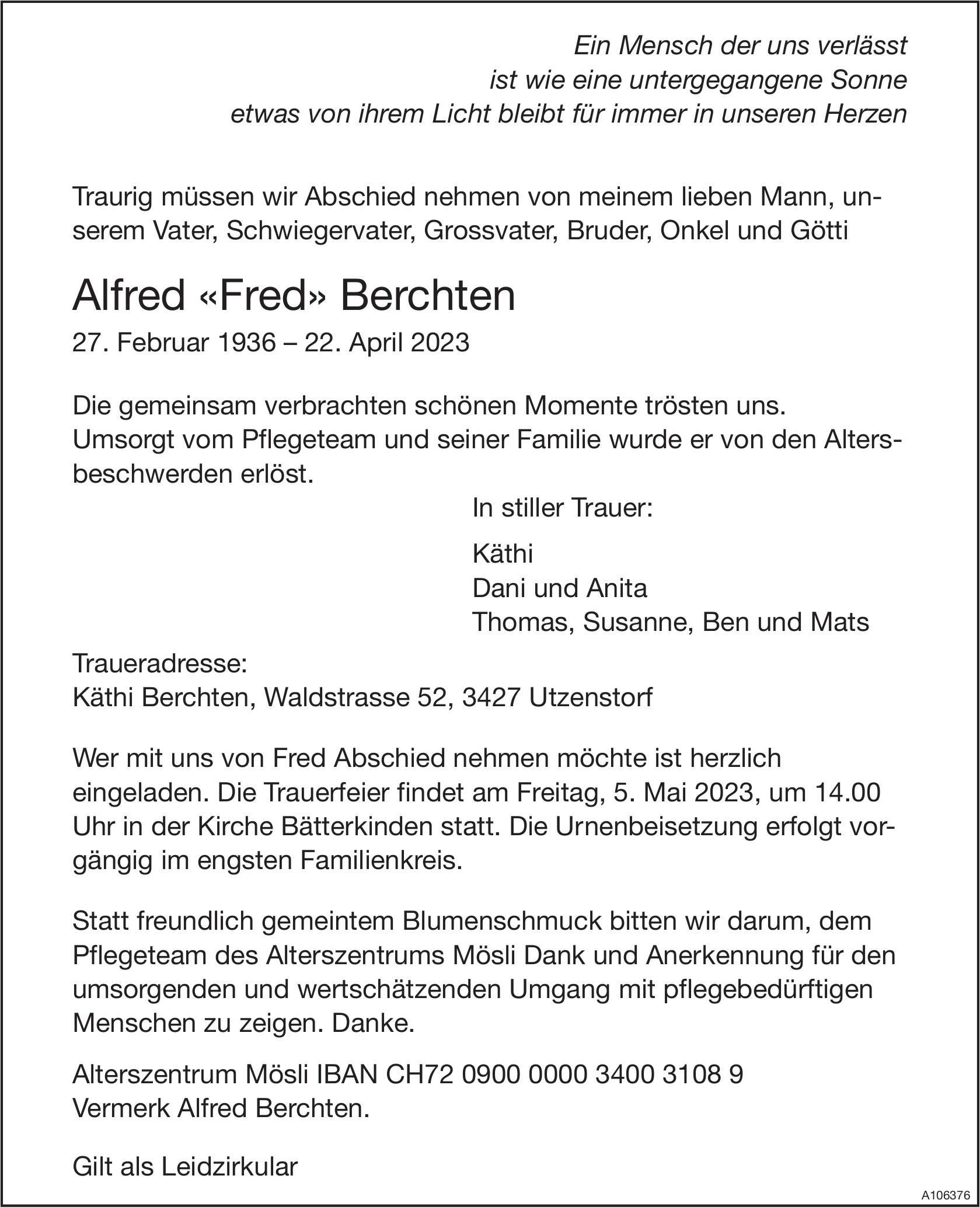 Alfred «Fred» Berchten, April 2023 / TA