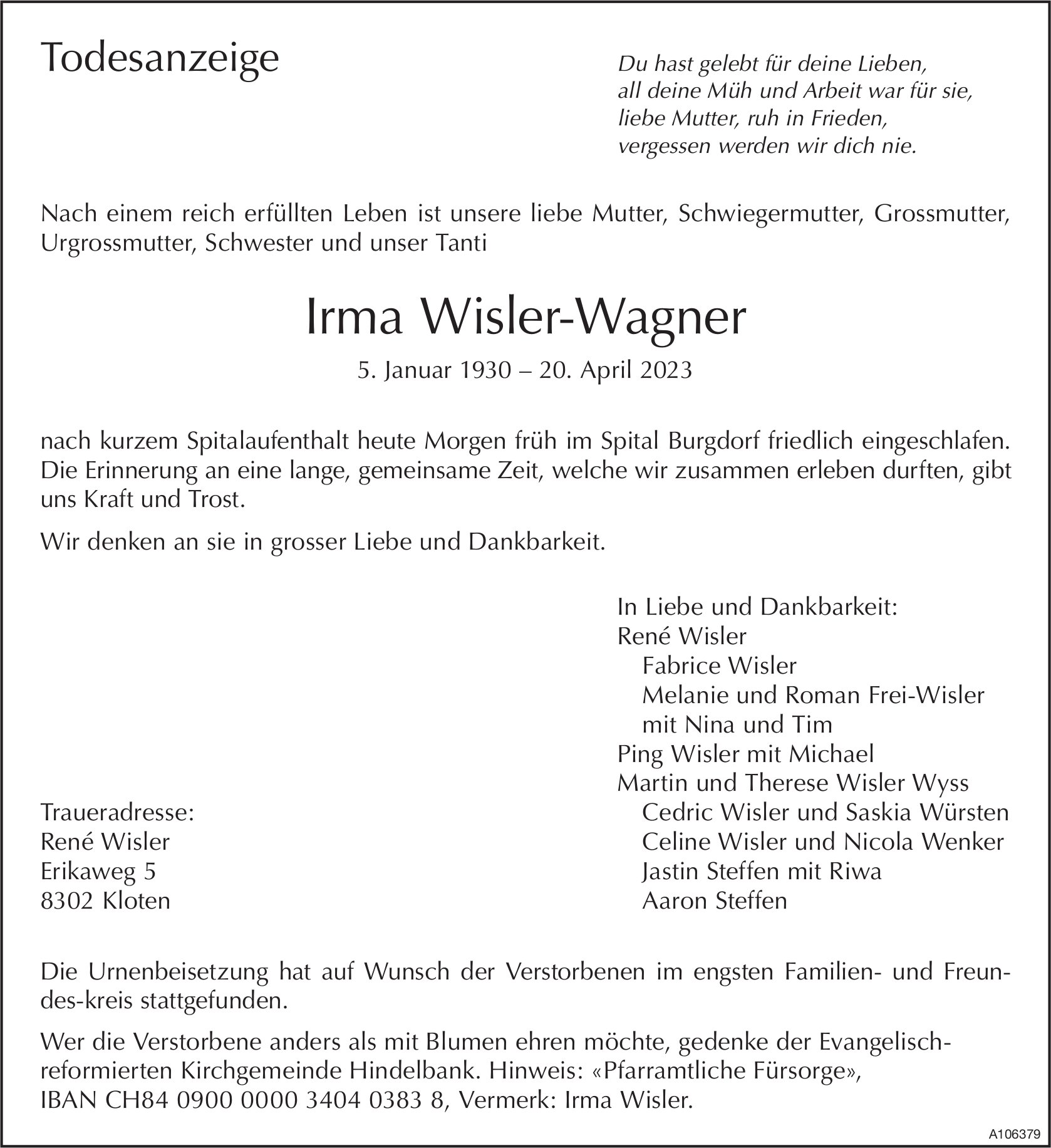 Irma Wisler-Wagner, April 2023 / TA