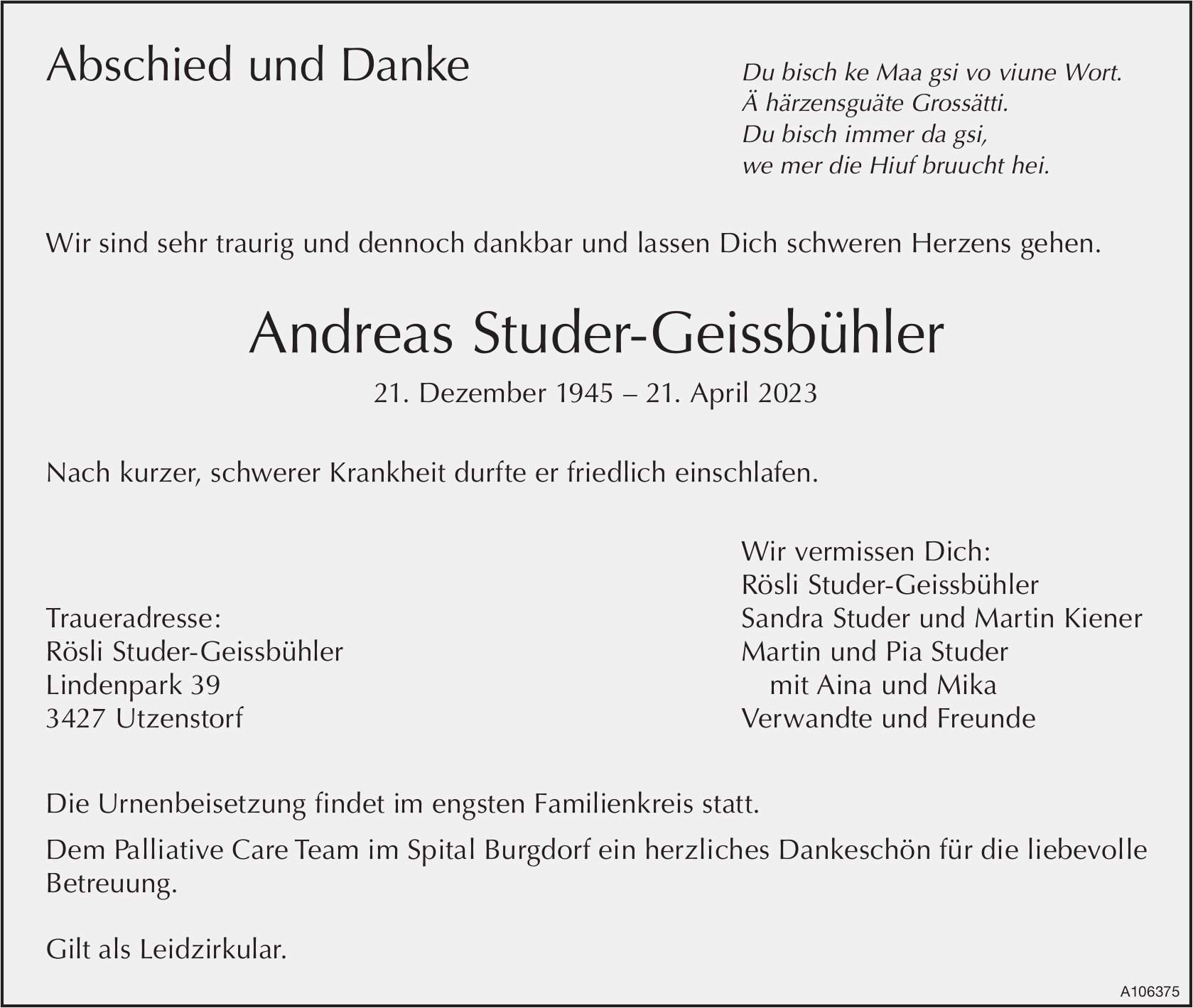 Andreas Studer-Geissbühler, April 2023 / TA