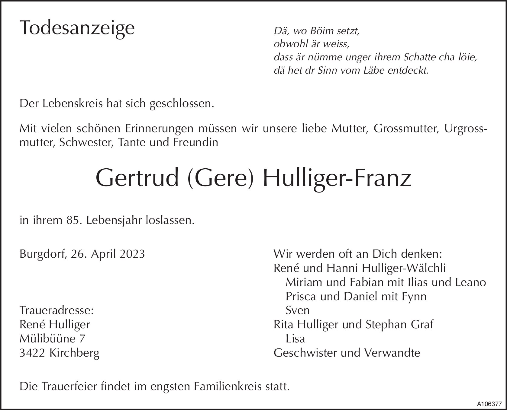 Gertrud (Gere) Hulliger-Franz, April 2023 / TA