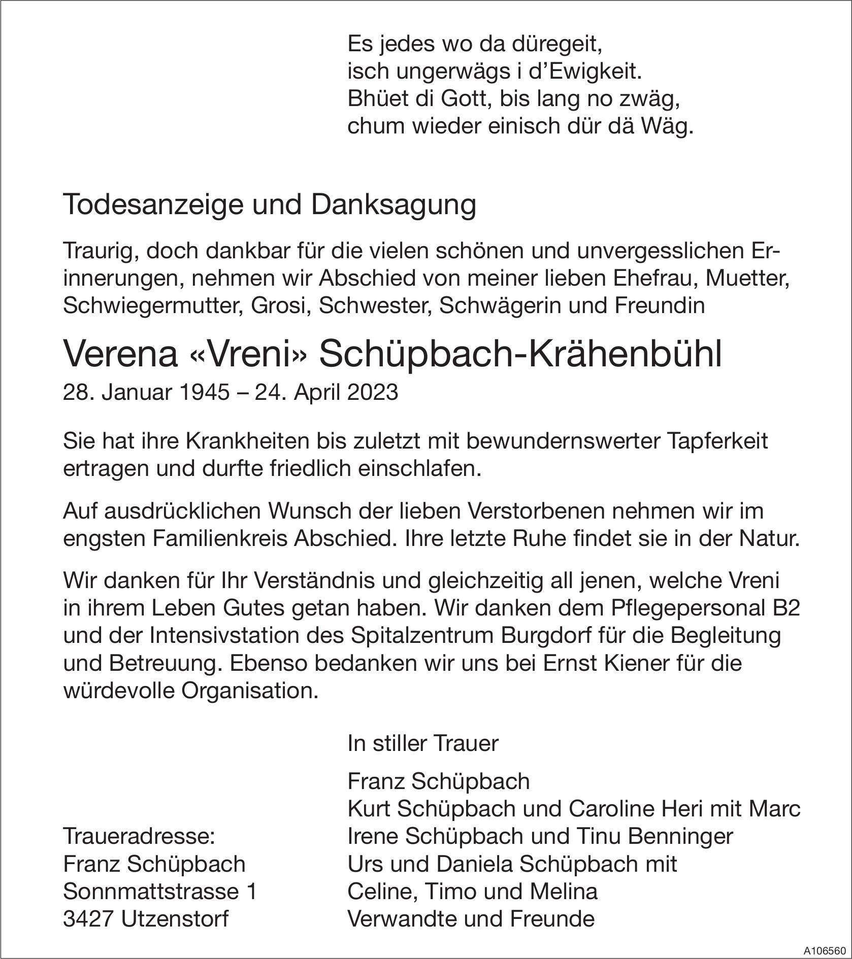 Verena «Vreni» Schüpbach-Krähenbühl, April 2023 / TA
