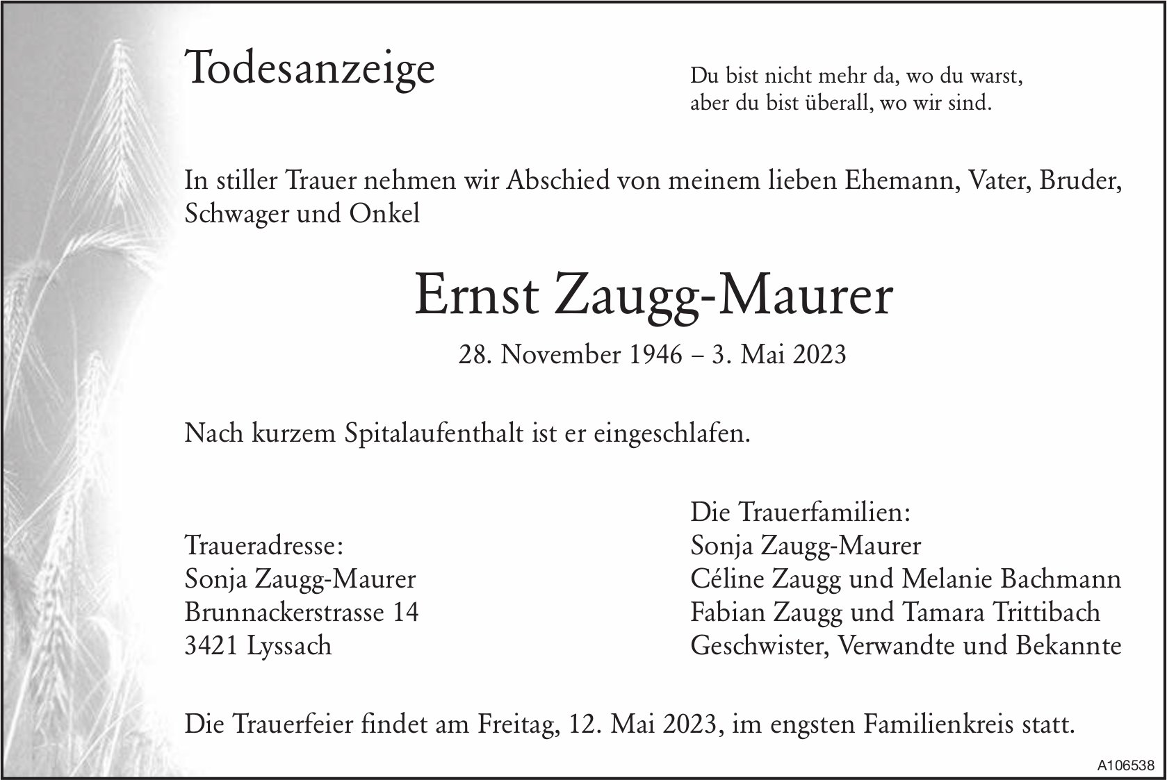Ernst Zaugg-Maurer, Mai 2023 / TA