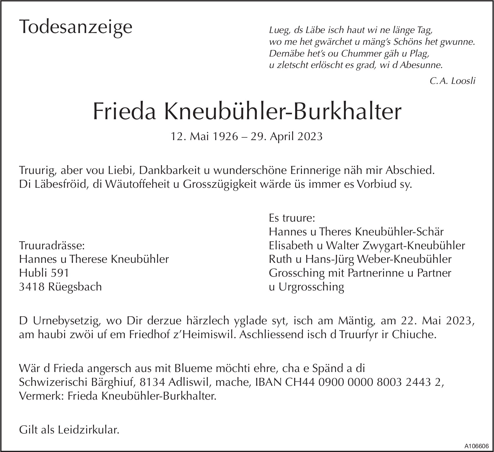 Frieda Kneubühler-Burkhalter, April 2023 / TA