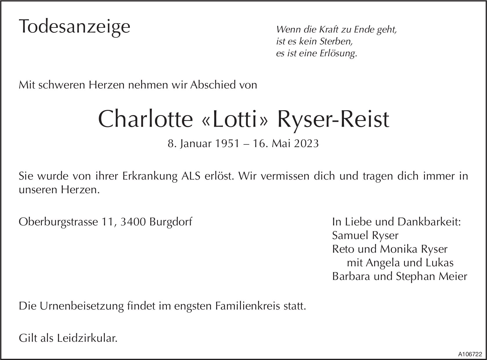 Charlotte «Lotti» Ryser-Reist, Mai 2023 / TA