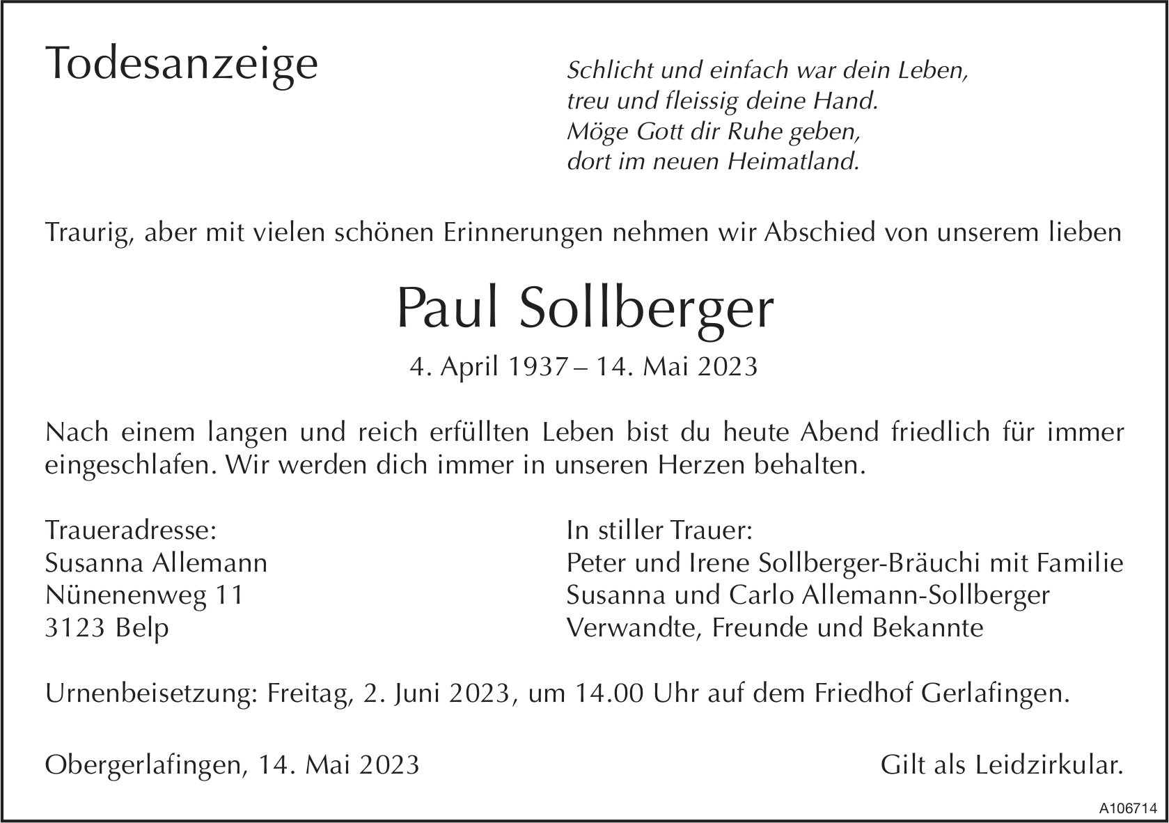 Paul Sollberger, Mai 2023 / TA