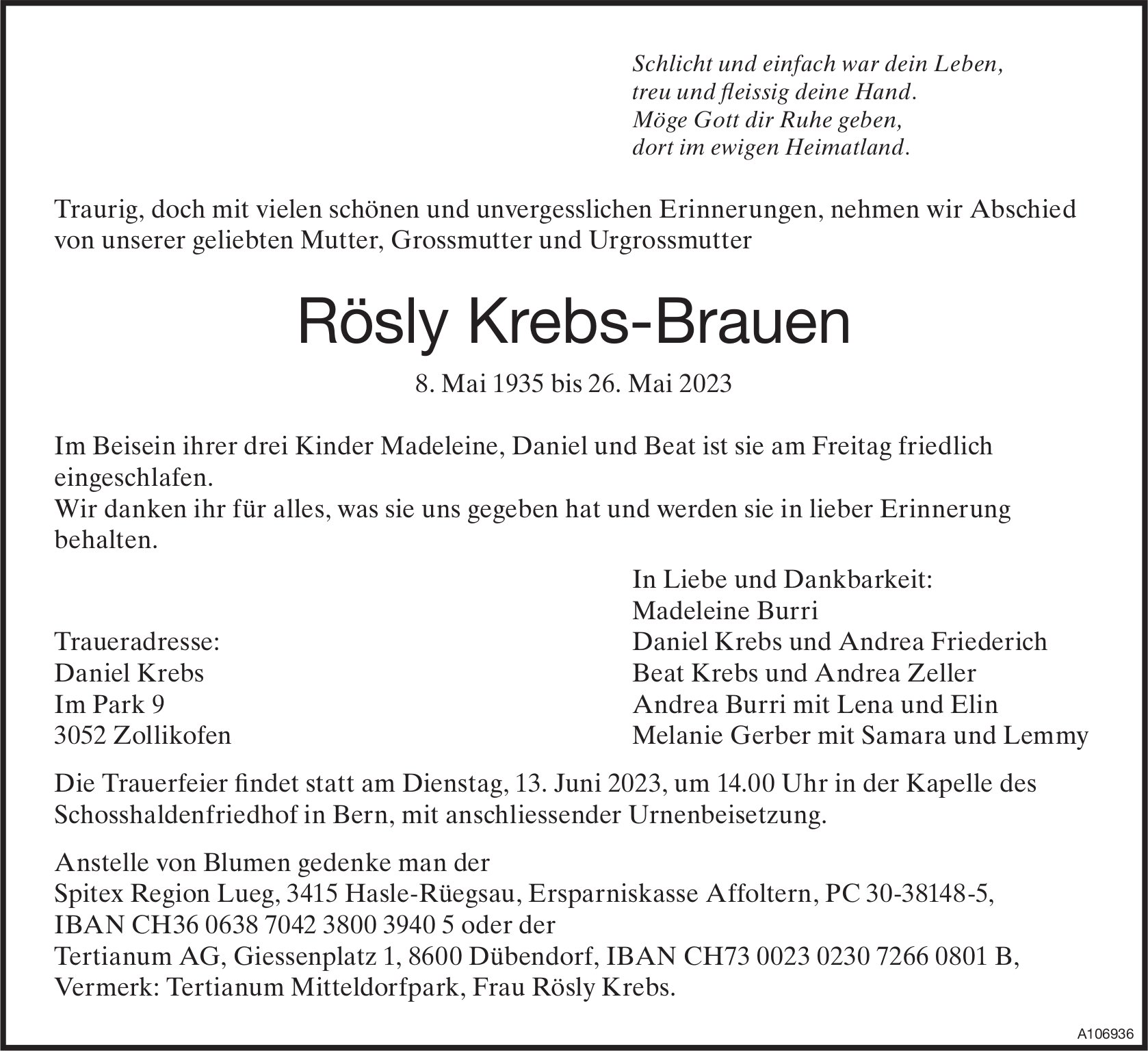 Rösly Krebs-Brauen, Mai 2023 / TA