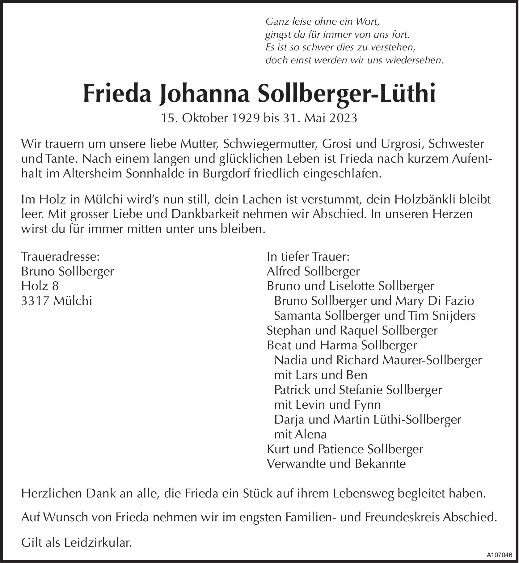 Frieda Johanna Sollberger-Lüthi, Mai 2023 / TA