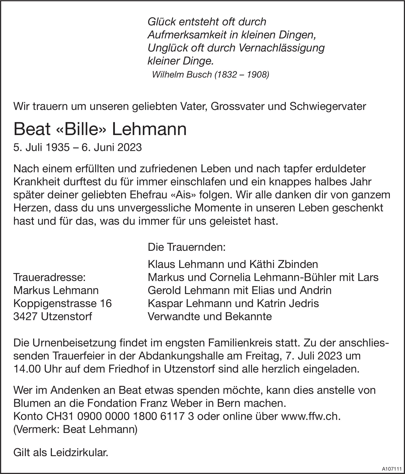 Beat «Bille» Lehmann, Juni 2023 / TA