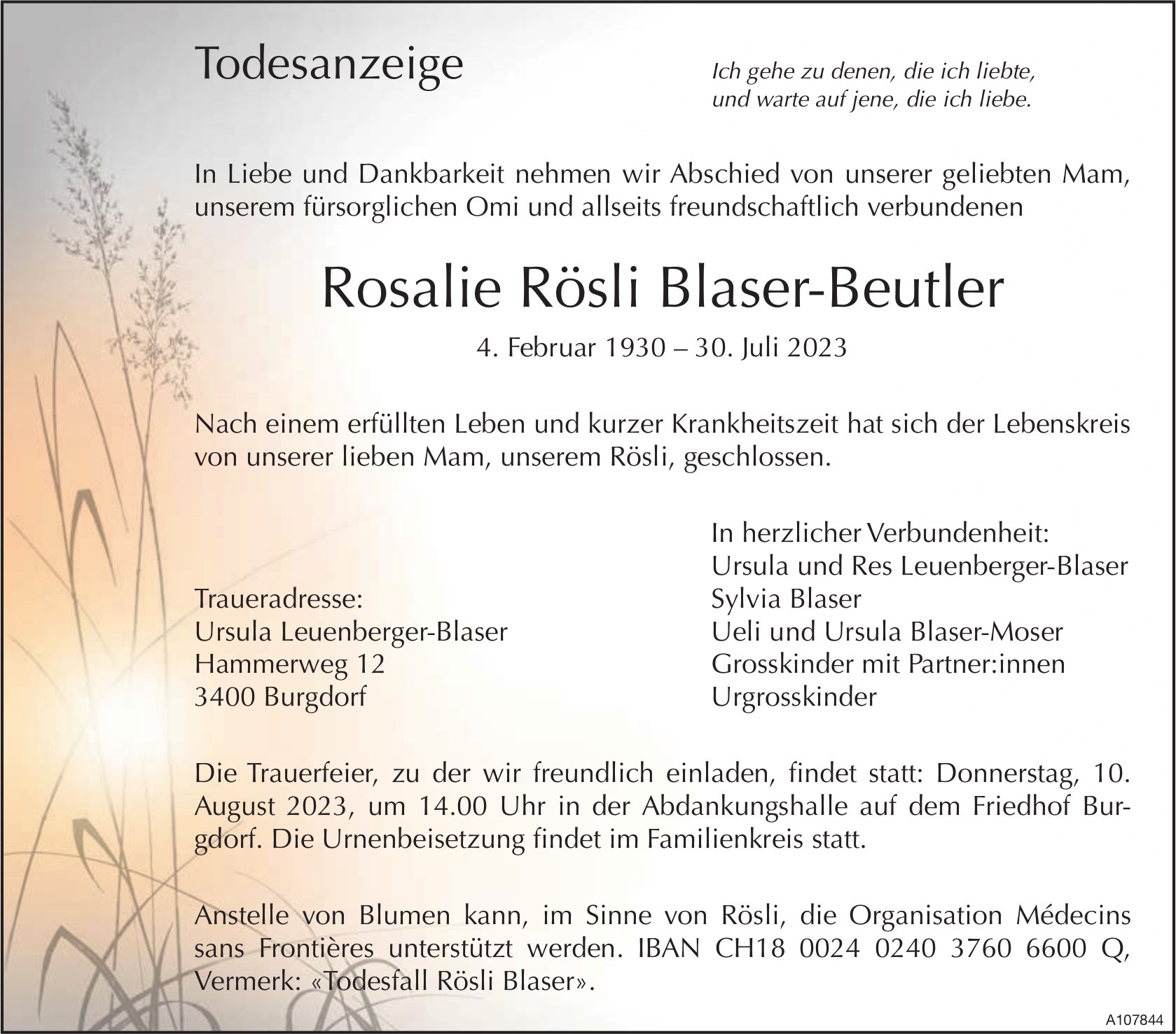 Rosalie Rösli Blaser-Beutler, Juli 2023 / TA