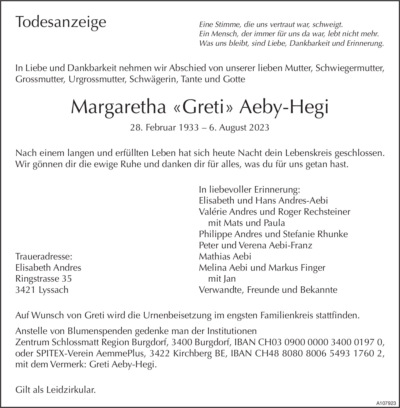 Margaretha «Greti» Aeby-Hegi, August 2023 / TA