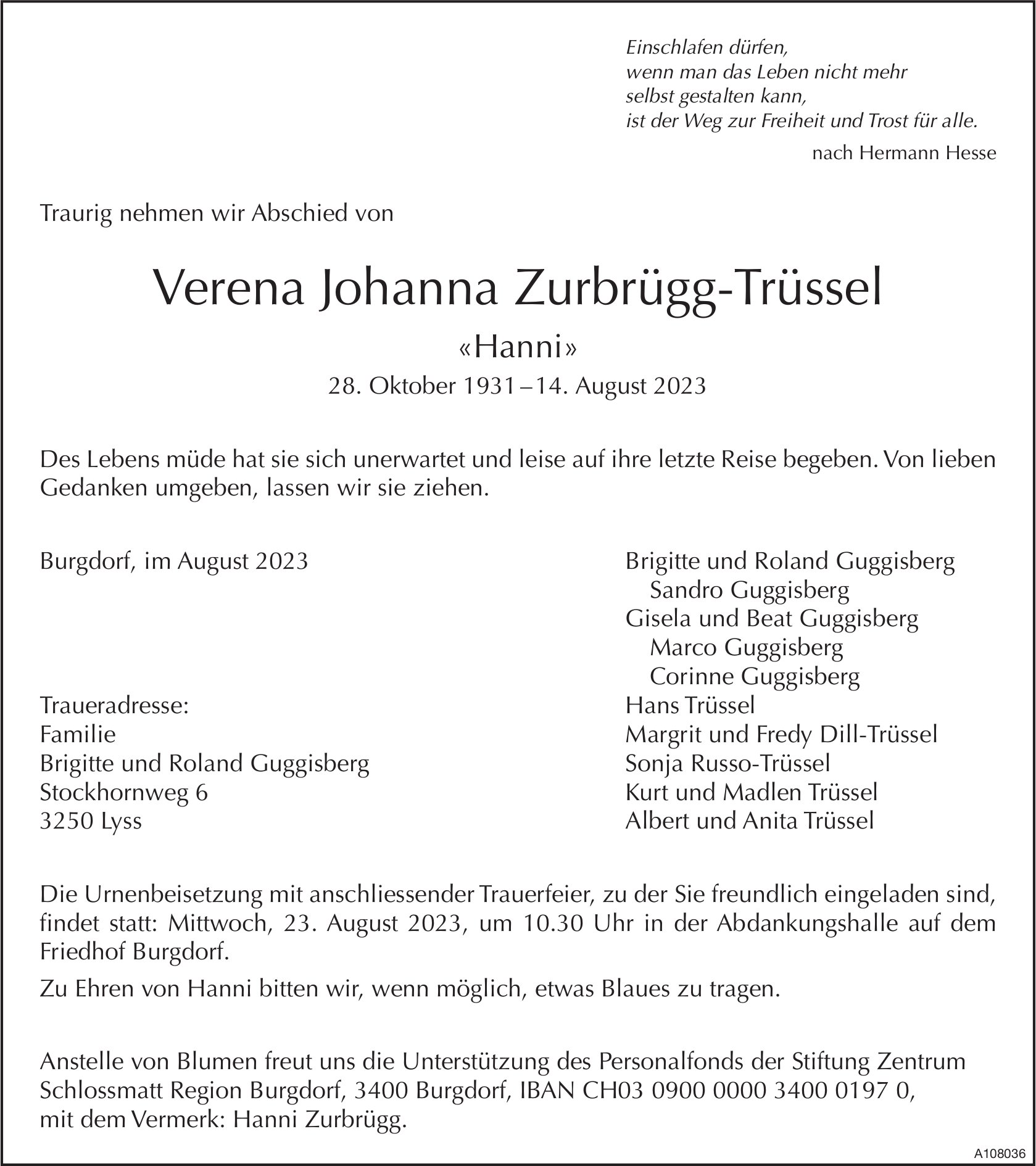 Verena Johanna Zurbrügg-Trüssel, August 2023 / TA