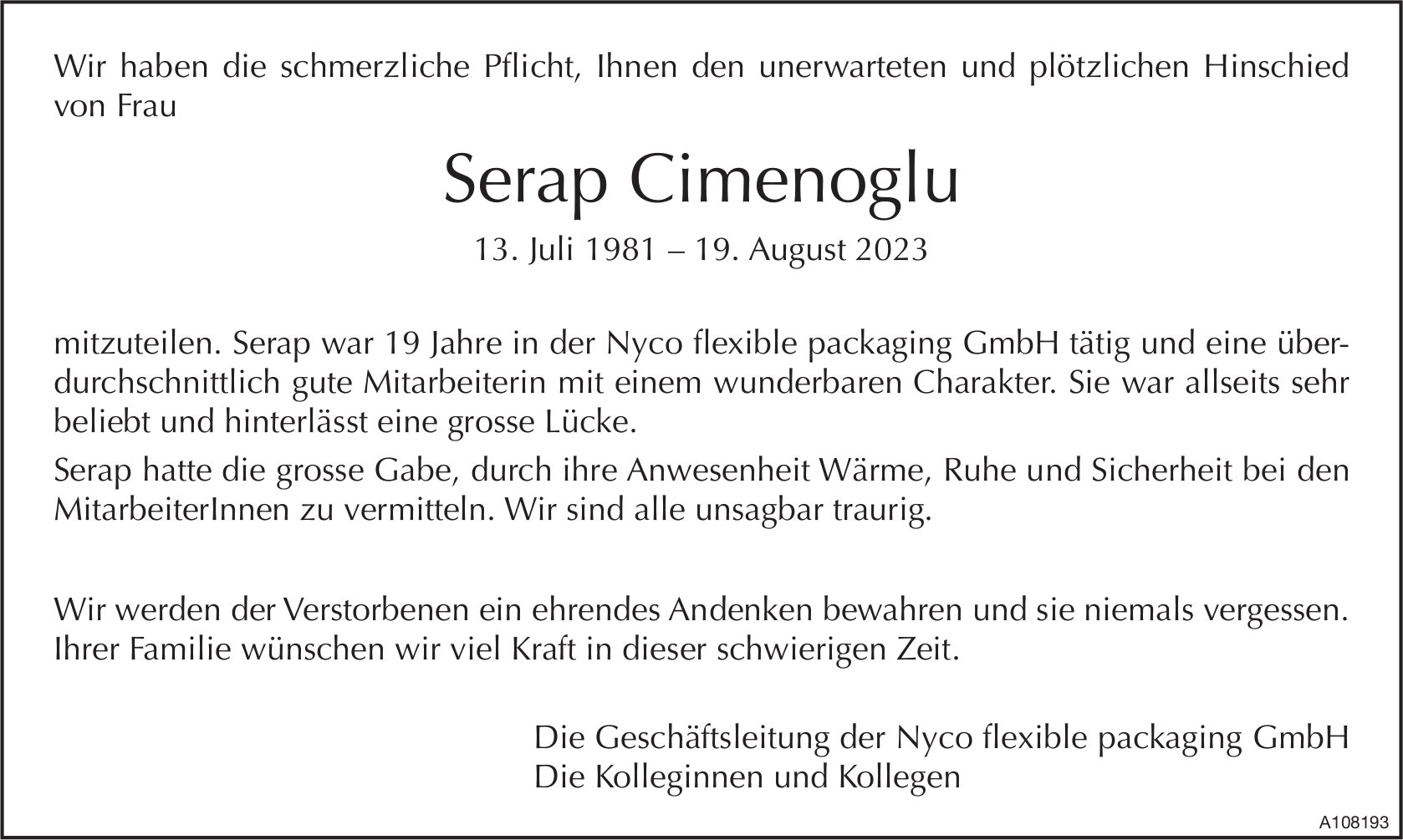 Serap Cimenoglu, August 2023 / TA