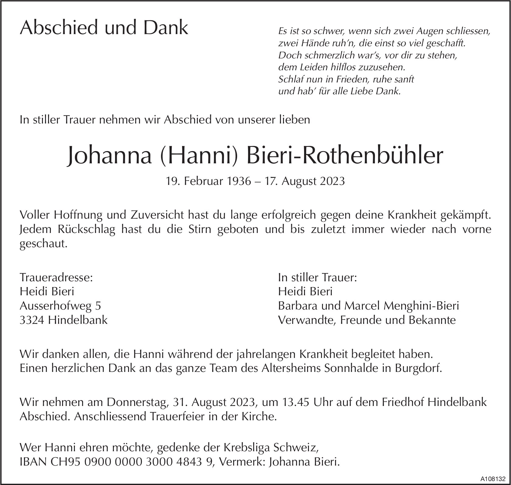 Johanna (Hanni) Bieri-Rothenbühler, im August 2023 / TA + DS