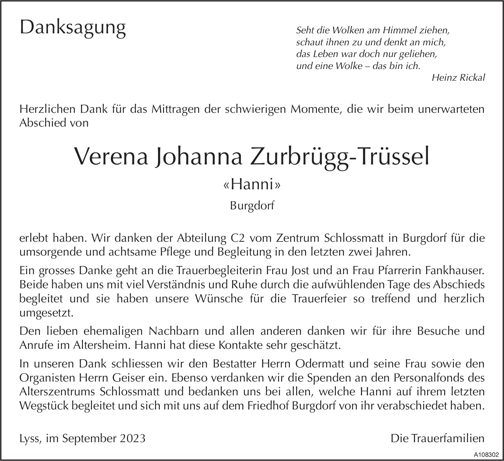 Verena Johanna Zurbrügg-Trüssel, «Hanni», im September 2023 / DS