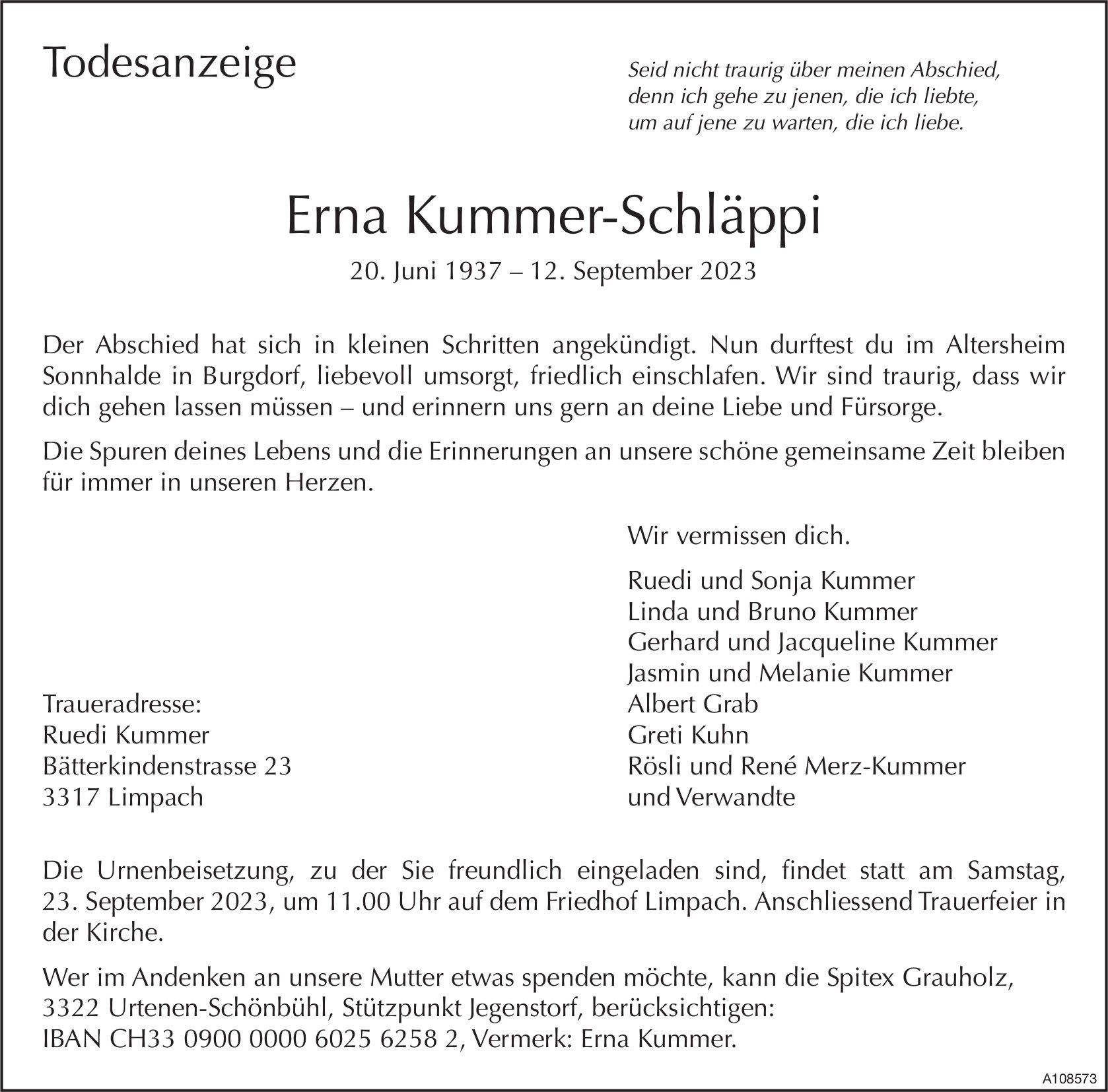 Erna Kummer-Schläppi, September 2023 / TA