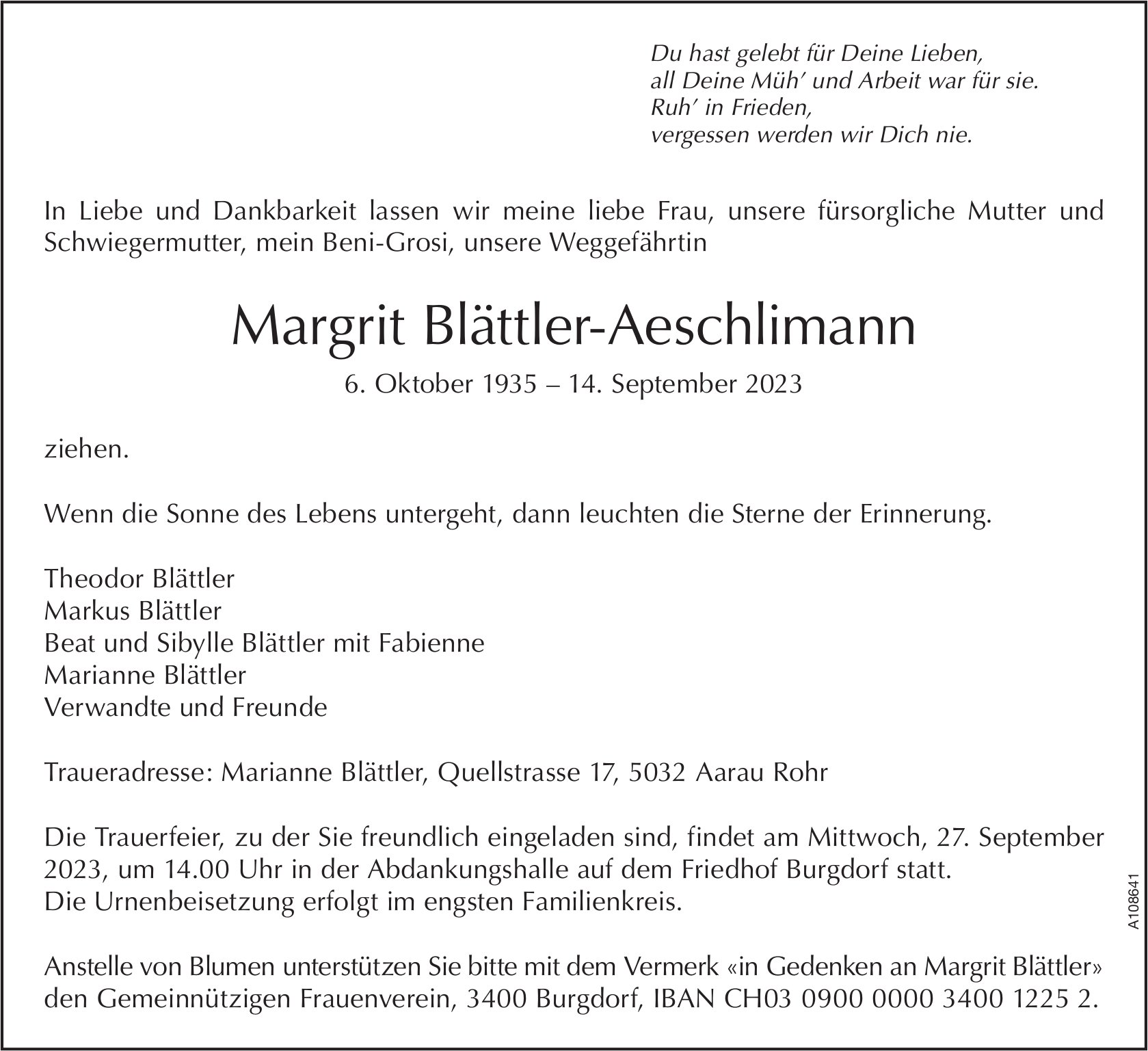 Margrit Blättler-Aeschlimann, September 2023 / TA