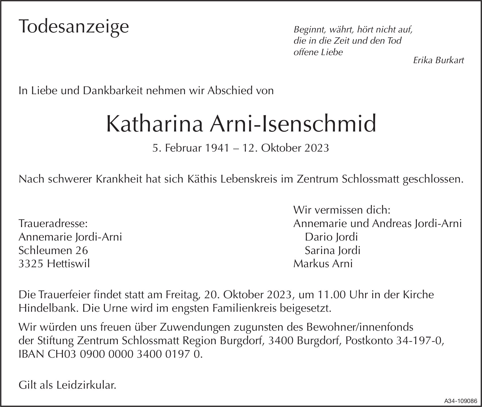Katharina Arni-Isenschmid, Oktober 2023 / TA