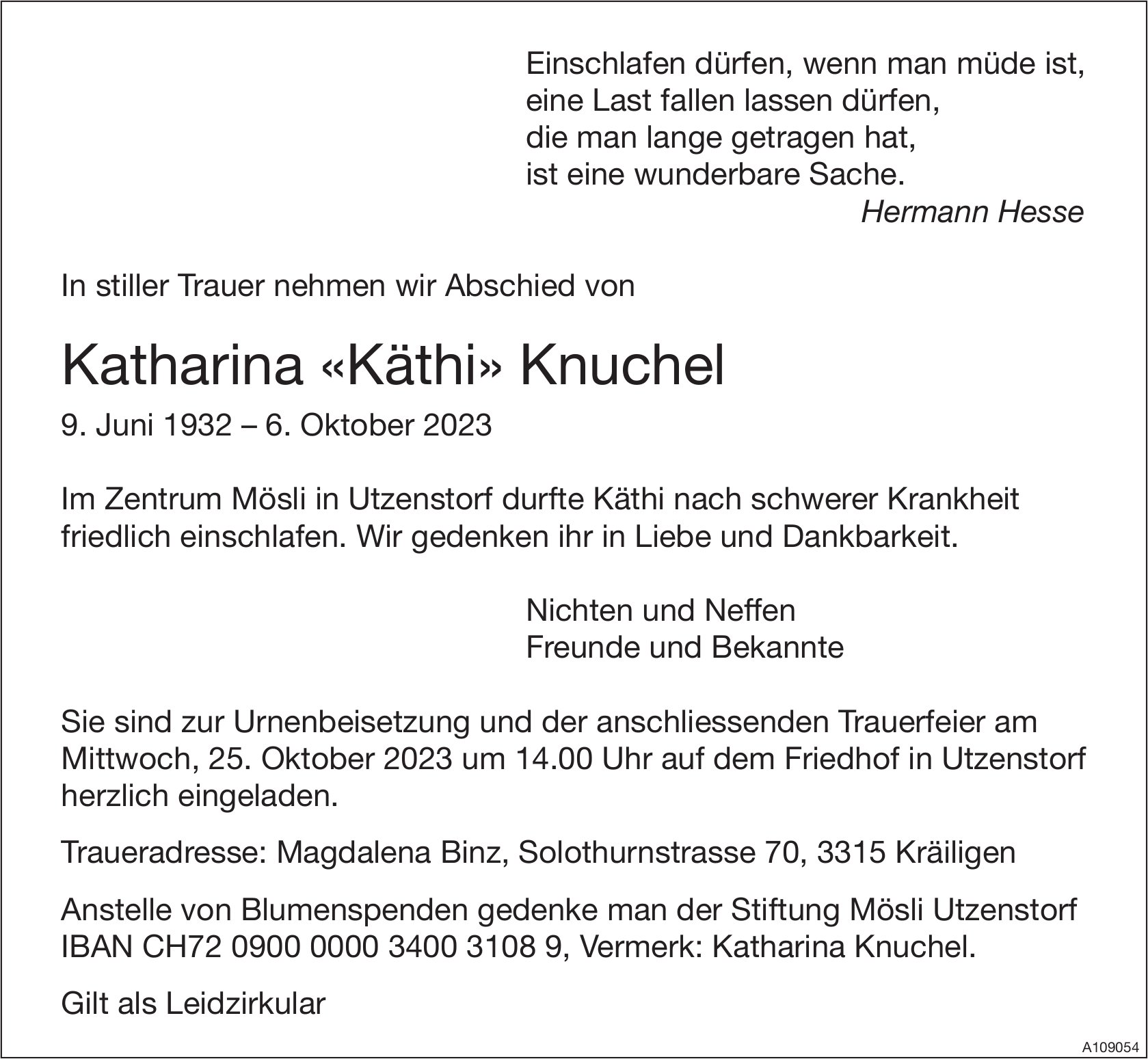 Katharina «Käthi» Knuchel, Oktober 2023 / TA
