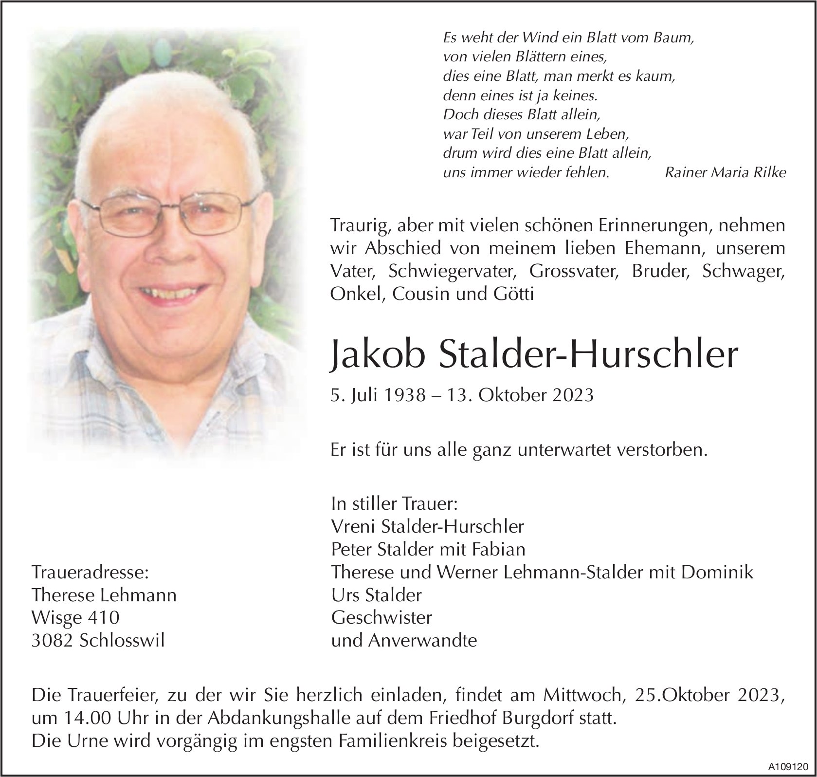 Jakob Stalder-Hurschler, Oktober 2023 / TA