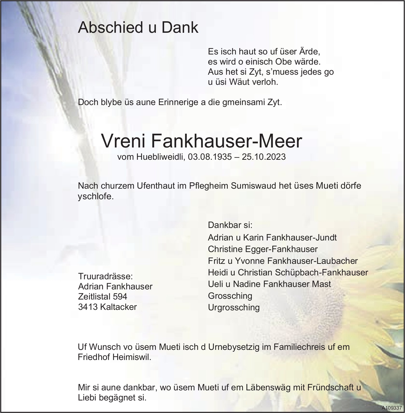 Vreni Fankhauser-Meer, im Oktober 2023 / TA + DS
