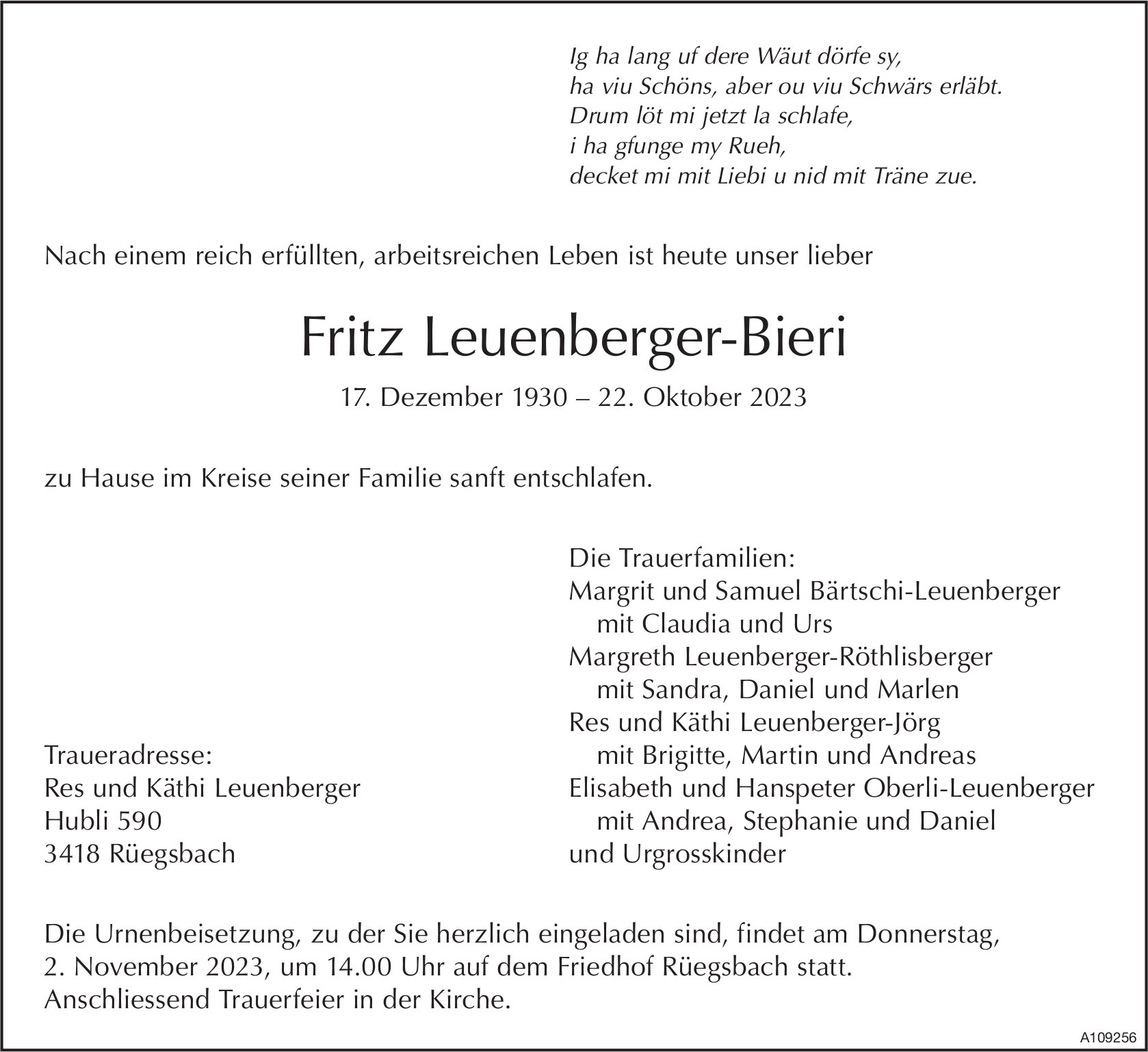 Fritz Leuenberger-Bieri, Oktober 2023 / TA