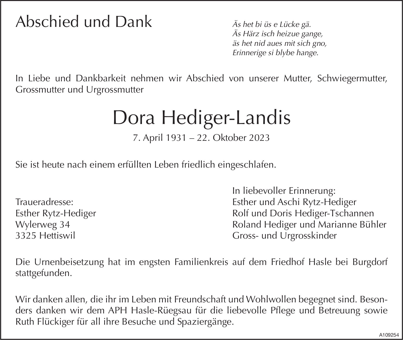 Dora Hediger-Landis, im Oktober 2023 / TA + DS