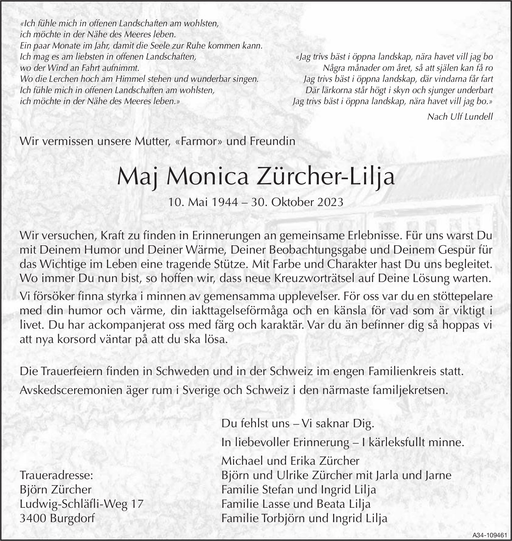 Maj Monica Zürcher-Lilja, Oktober 2023 / TA