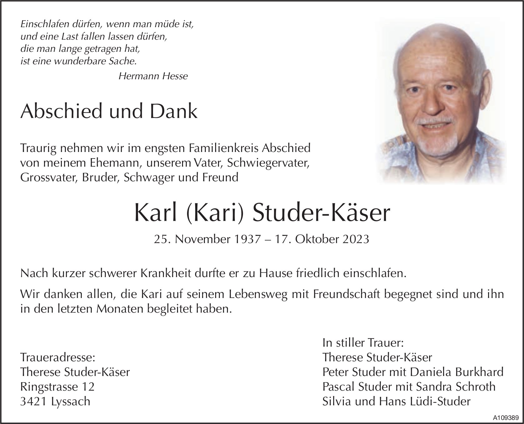 Karl (Kari) Studer-Käser, Oktober 2023 / TA
