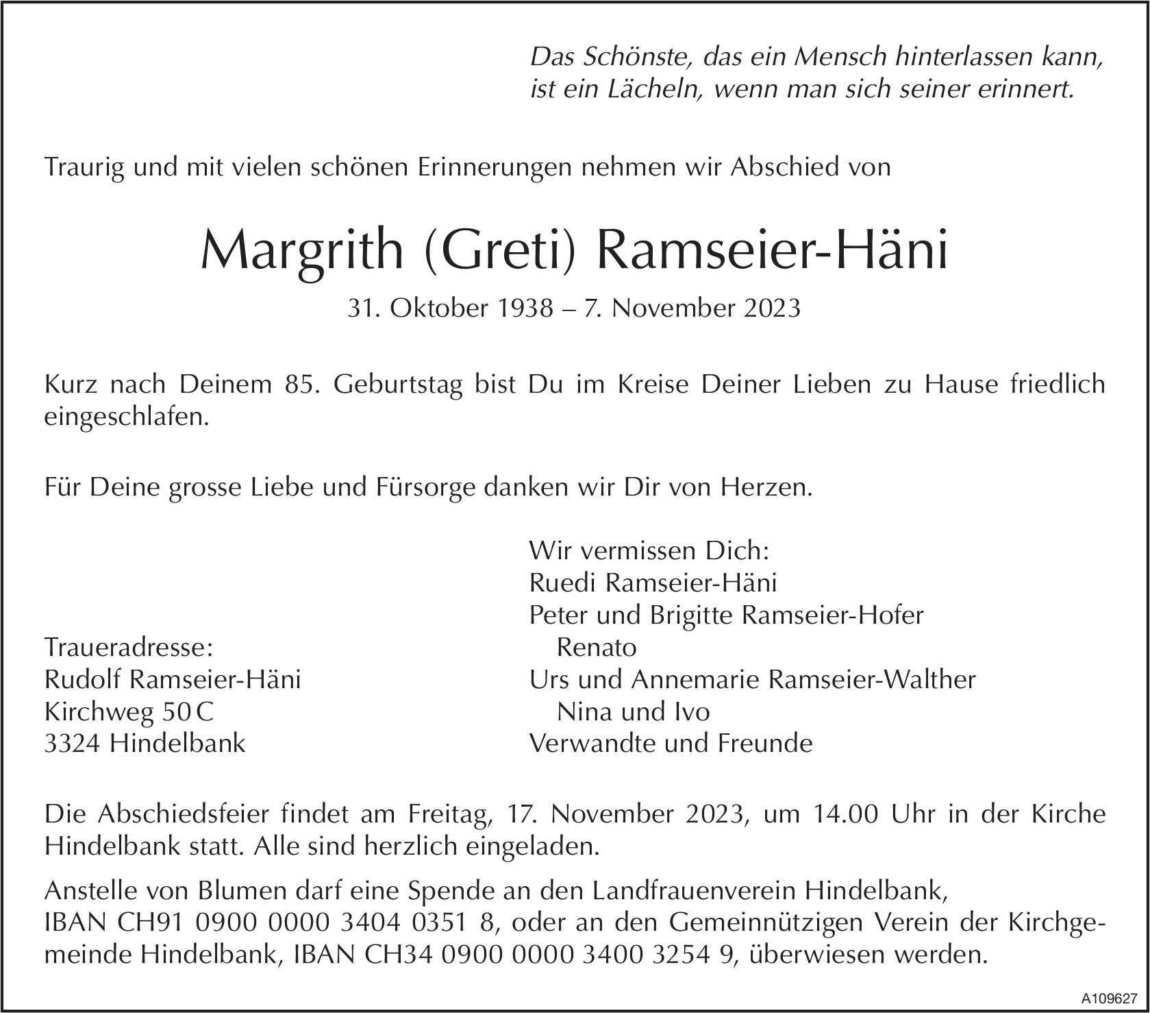 Margrith (Greti) Ramseier-Häni, November 2023 / TA