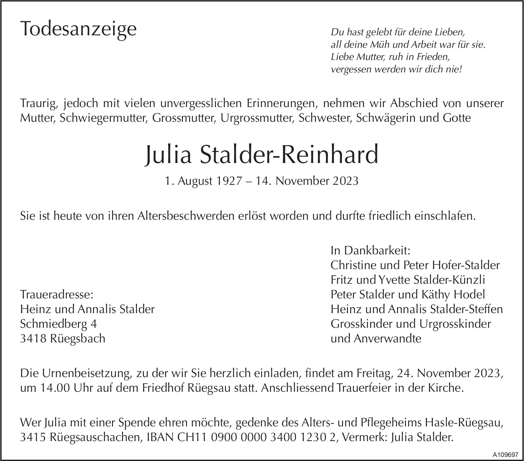 Julia Stalder-Reinhard, November 2023 / TA