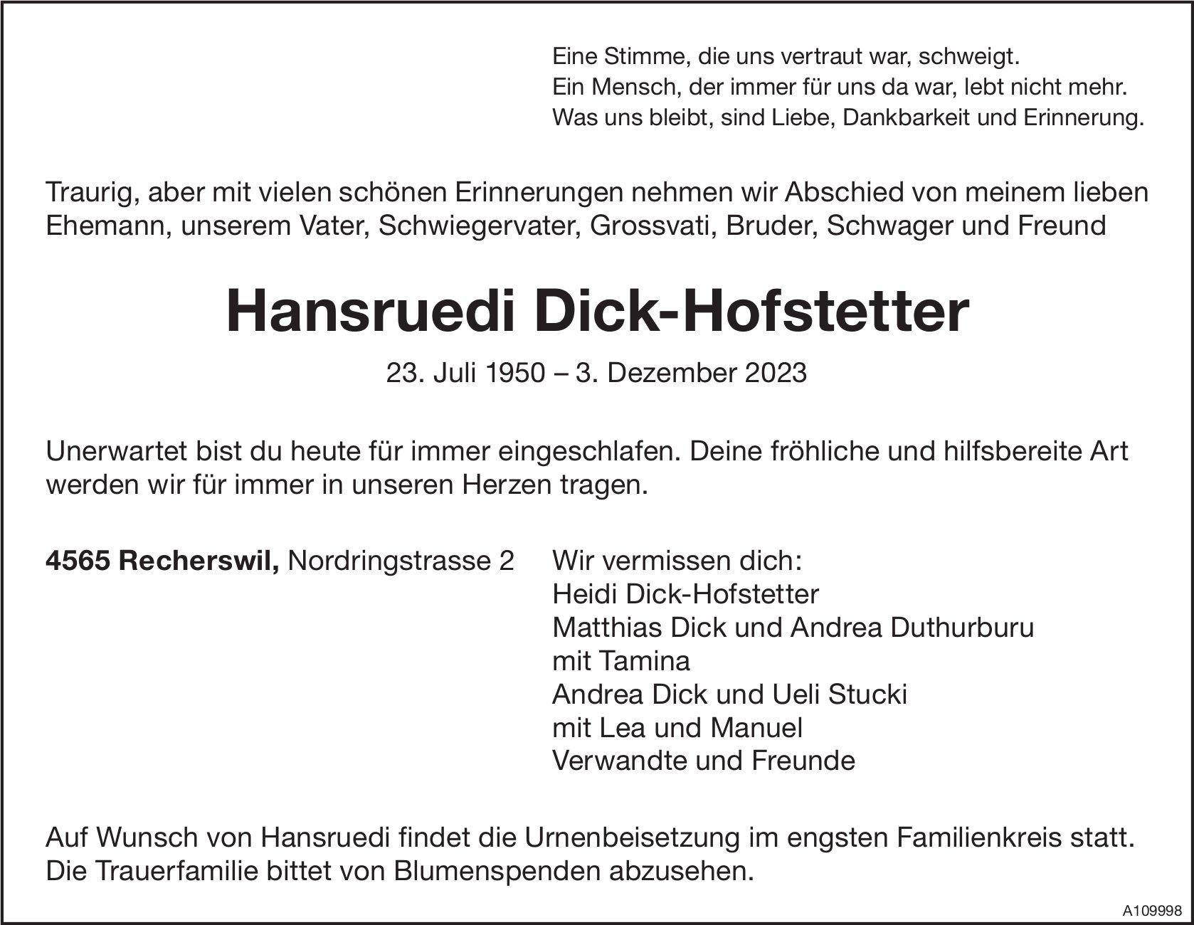 Hansruedi Dick-Hofstetter, Dezember 2023 / TA